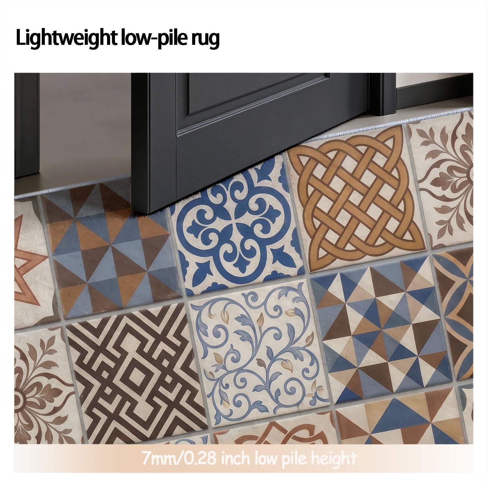 Geometrisch Runder Teppich 120 cm, Waschbar rutschfest Teppiche, Pflegeleichter Weich Bunte Mosaikfliesen Teppich Rund für Flur Küche Eingang Wohnzimmer Kinderzimmer, Mehrfarbig Blau