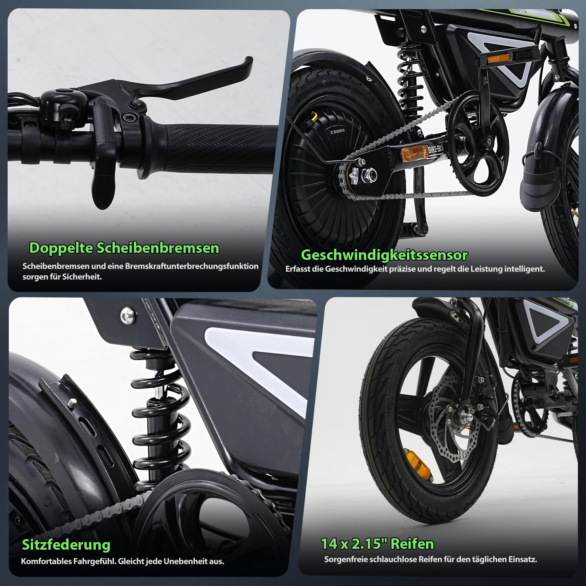 Finbike E-Bike Klapprad 14 Zoll, Pedelec Elektrofahrrad für Herren & Damen, 36V 12Ah Akku, 50KM Reichweite, 250W Motor, APP-Steuerung, Faltbares City Bike mit LED-Licht, Leicht & Kompakt für Pendler
