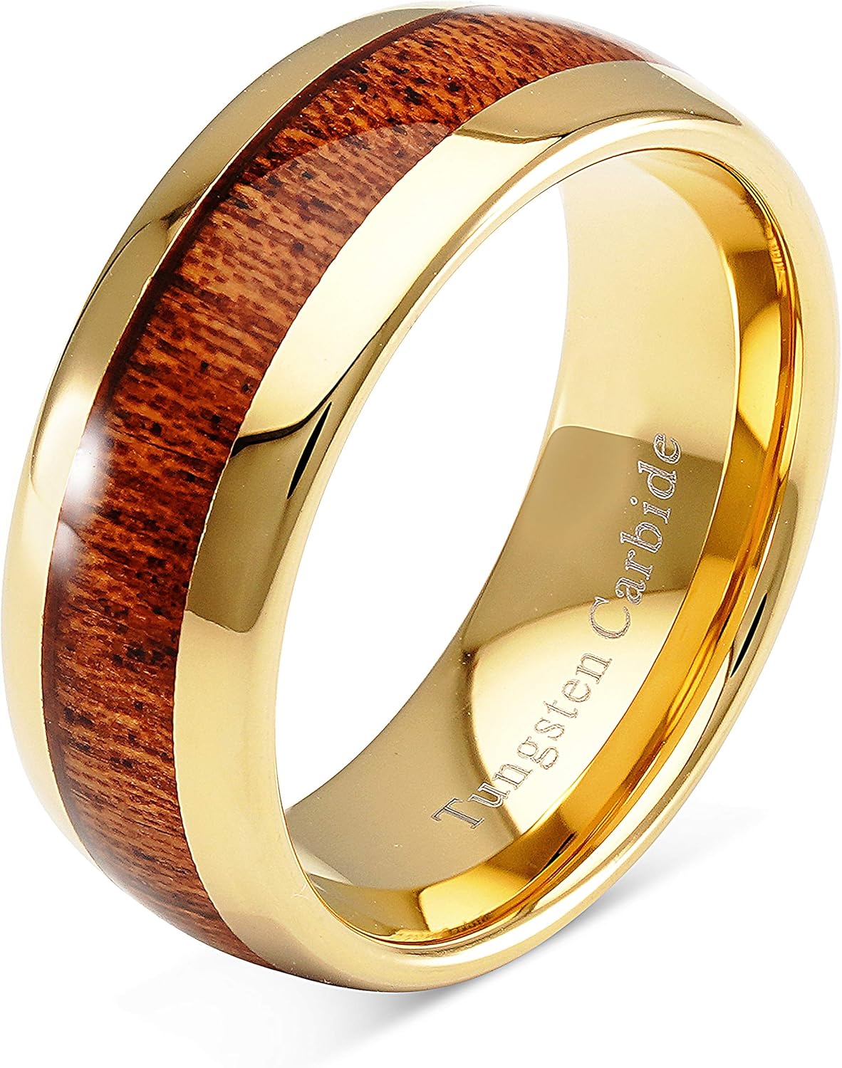 100S JEWELRY Engraved Personalized Tungsten Ring for Men Women Wedding Band Koa Wood Inlaid Gold Plated Size 6-16