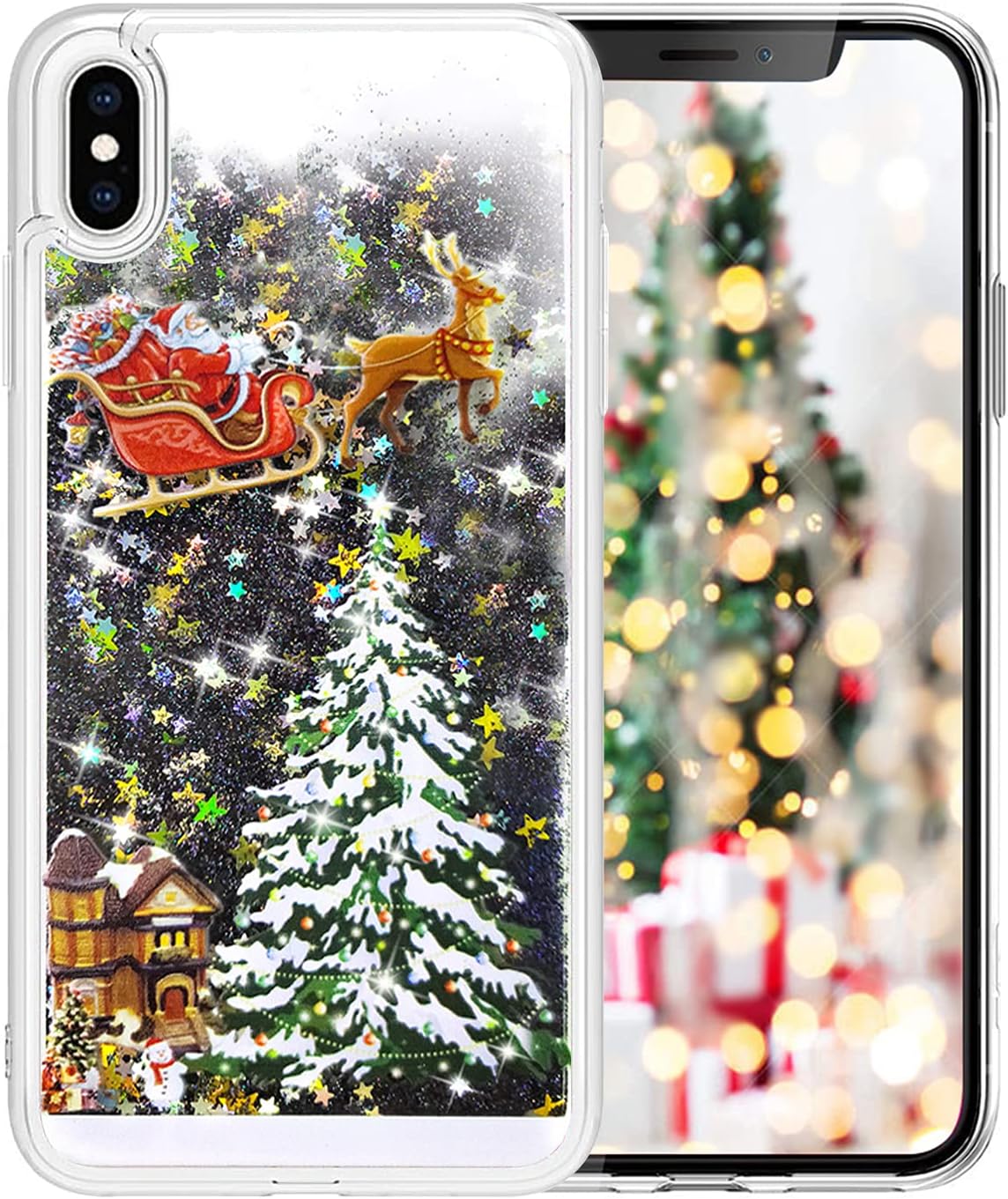 LUVI for iPhone X/XS Christmas Case Funny Bling Glitter Liquid Fashion Tree Rudolph Pattern Flowing Floating Luxury Shiny Sparkle Quicksand Sequin Case Cover for iPhone X/XS 5.8 inch Black