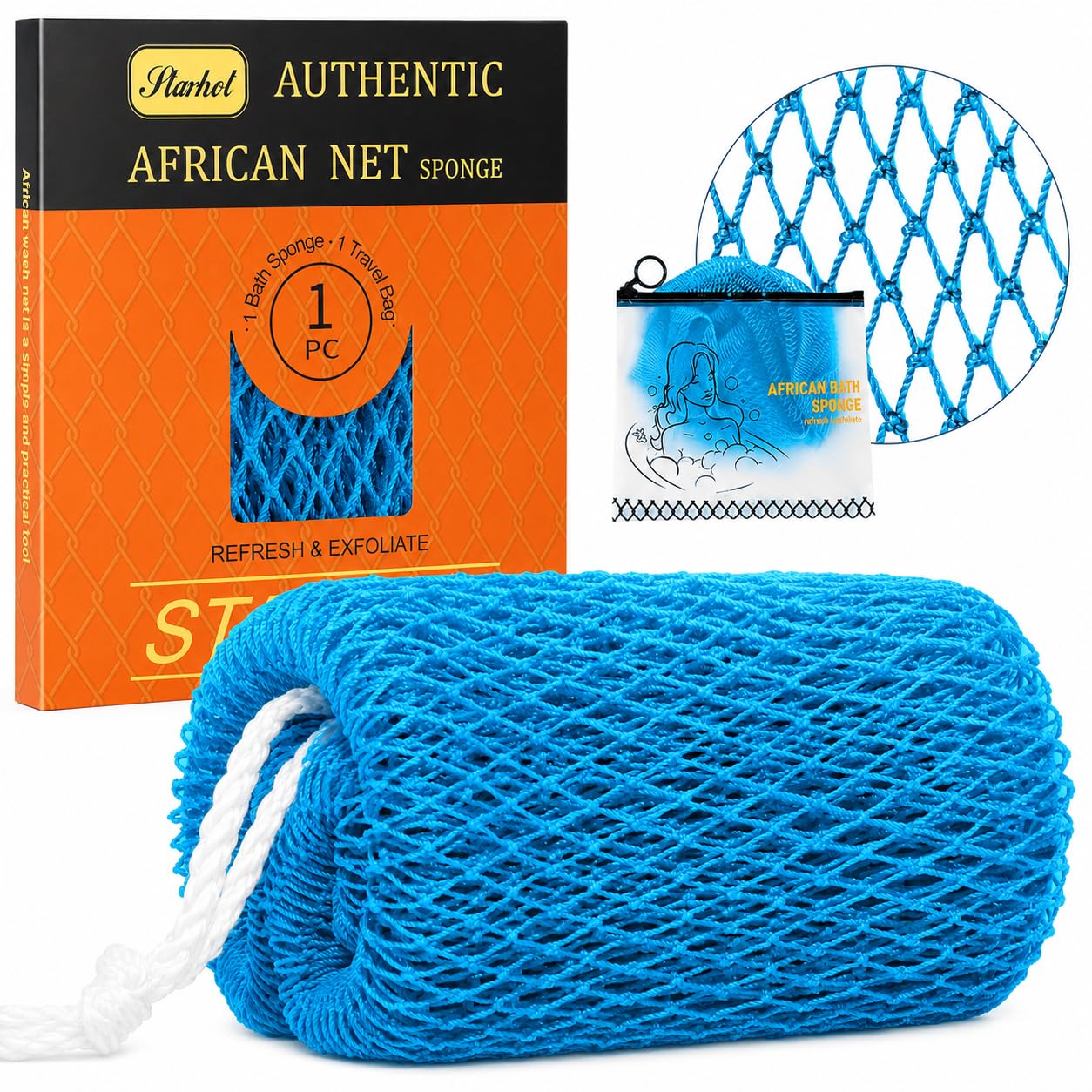 Starhot African Net Sponge with Knots, Body Scrubber, Sky Blue 1-Pack