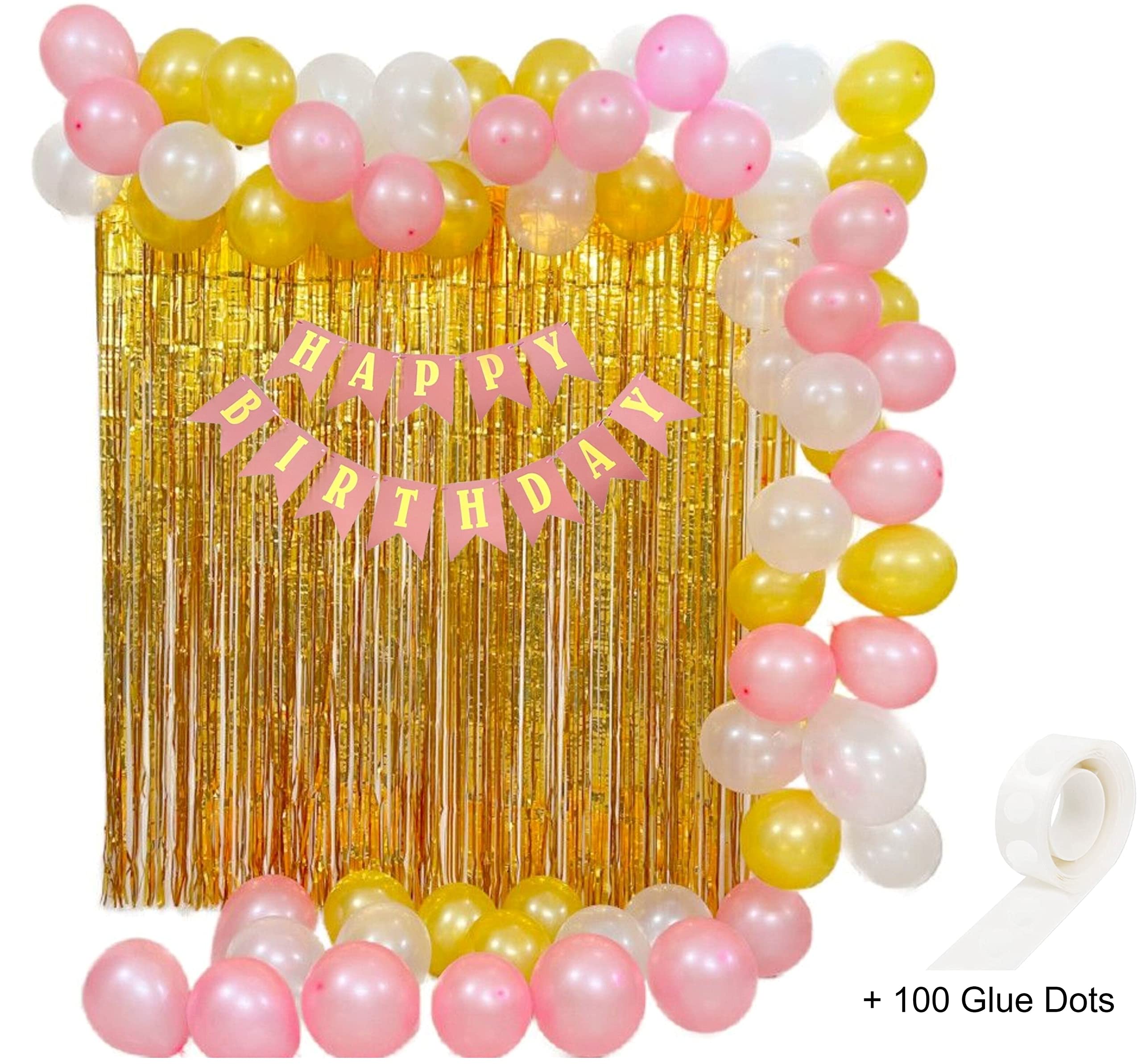 Flyloons Happy Birthday Banner Decoration Kit for Girls (30 - Gold,Pink,White Balloons)(Pink Banner)(2 Gold Metallic Curtain)(1 x 100 Glue Dots Roll)