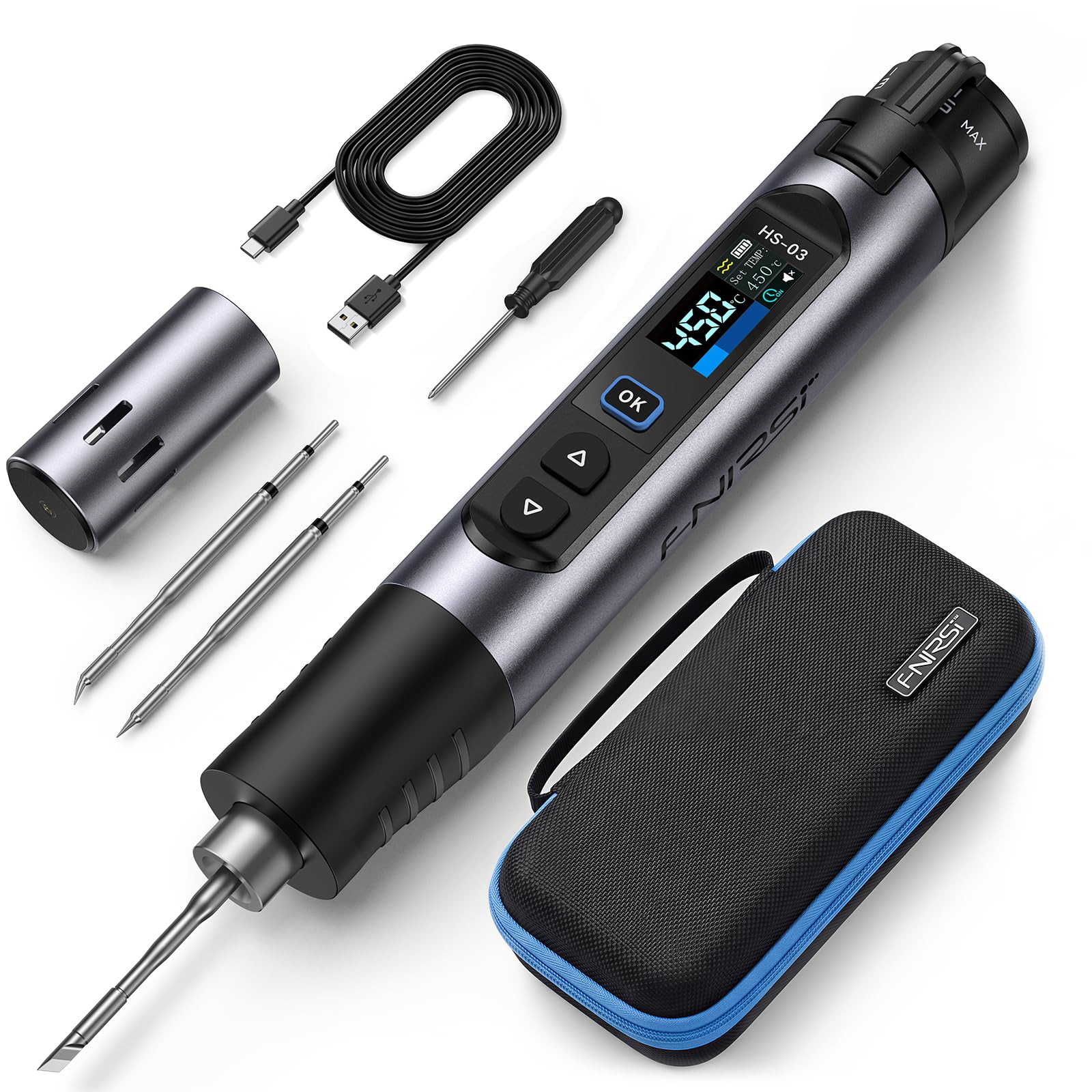 FNIRSI HS-03 Akku Lötkolben Set, kabelloser Lötkolben mit 2600mAh Akku, 100–450°C, 3s schnelles Aufheizen, 5 Temperaturstufen, 0,96" IPS Display, tragbarer Lötkolben für Elektronik, DIY, PCB