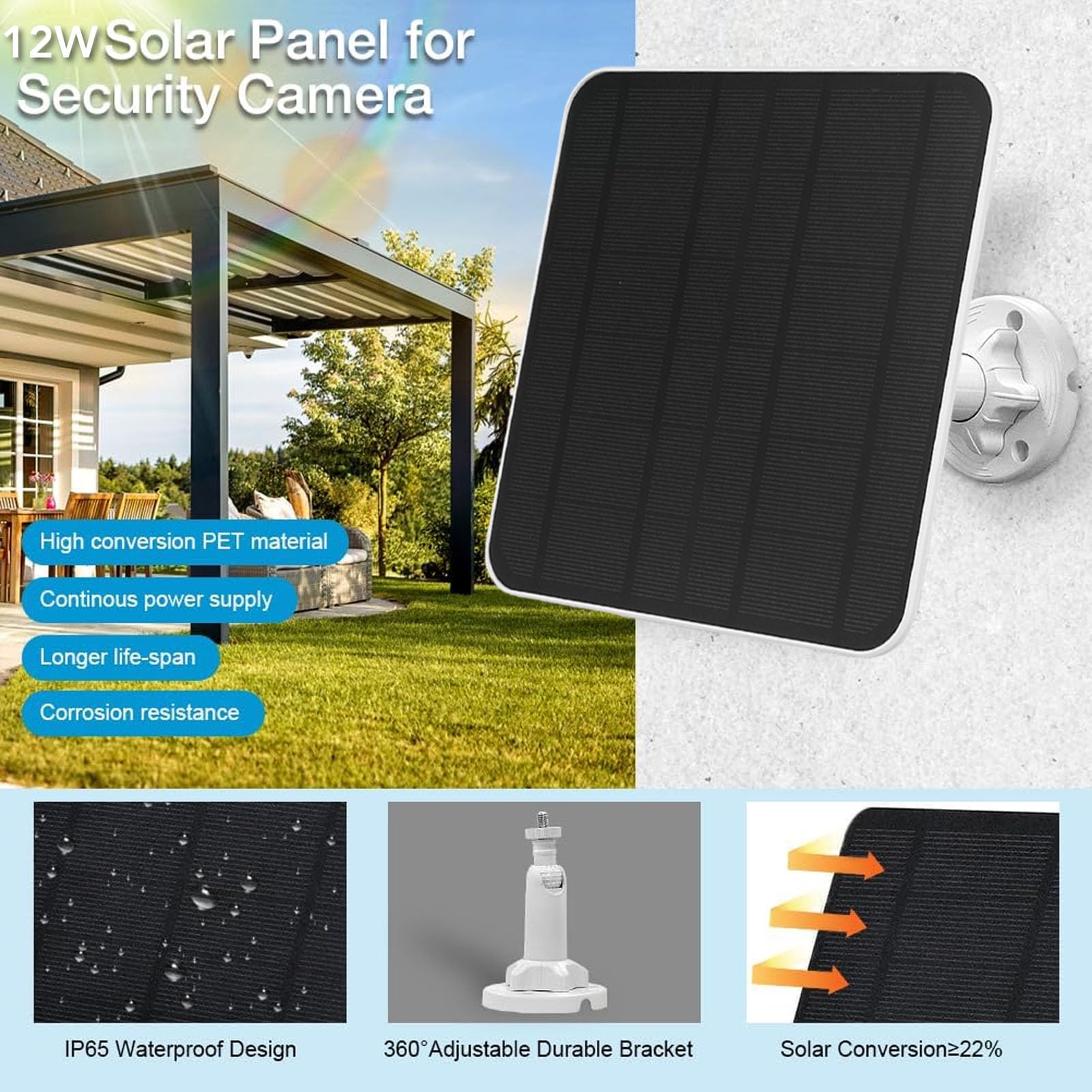 LICAEVEY Lot de 2 panneaux solaires 12 W pour Ring Spotlight Cam Plus Pro, caméra collante, étanche IP65 avec câble de 3 m, charge efficace pour caméra de sécurité extérieure à alimentation continue