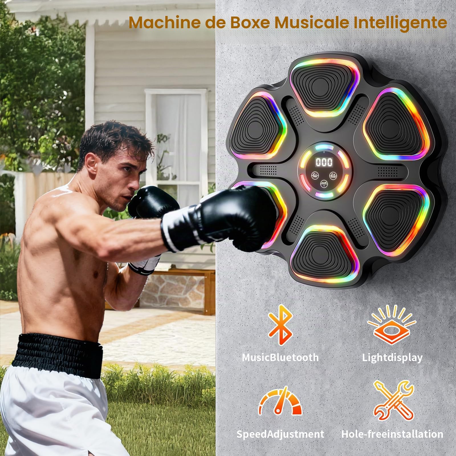Machine de boxe musicale avec gants de boxe, machine de montage mural pour enfants et adultes, équipement de boxe intelligent Bluetooth, équipement d'entraînement de boxe cible pour la maison, le