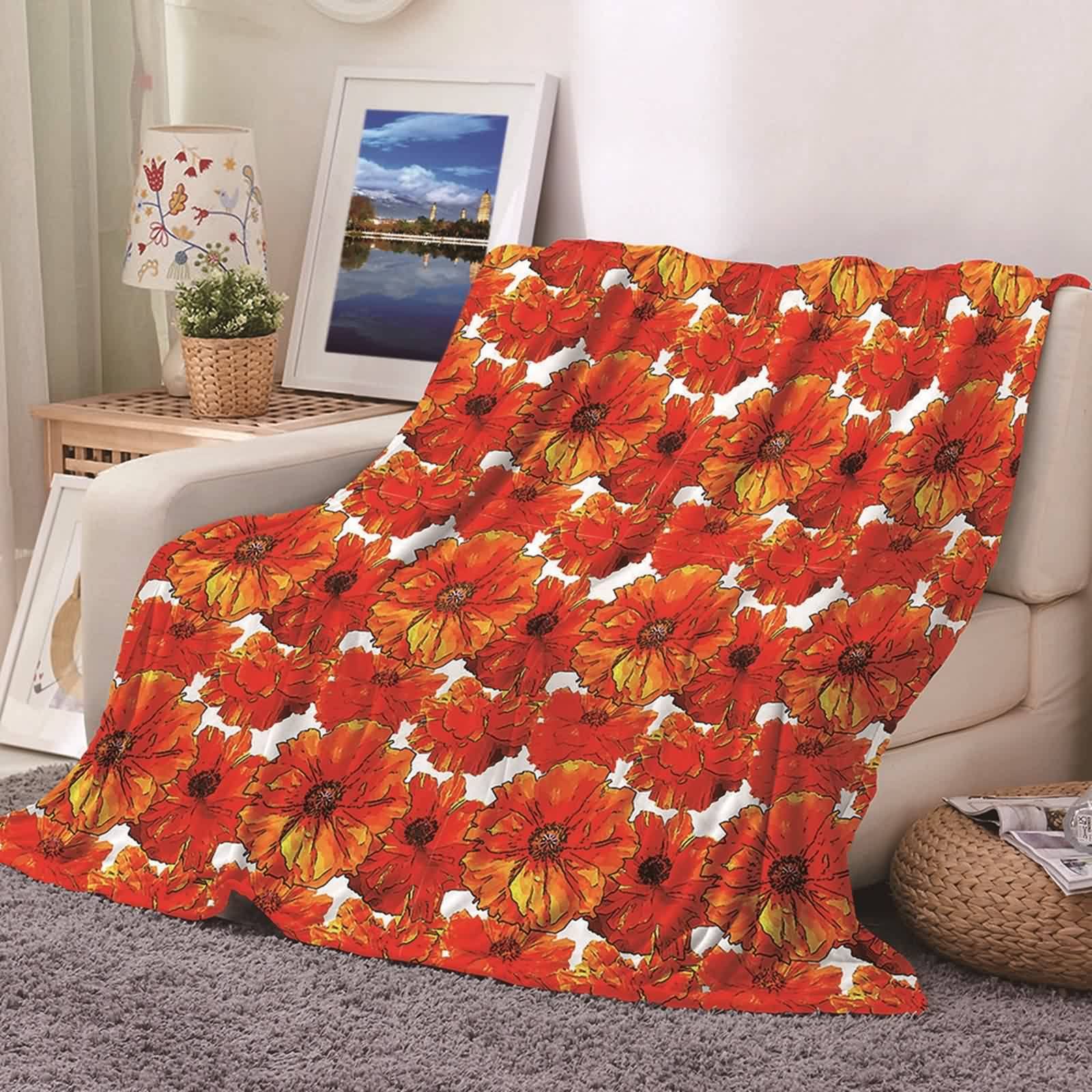 Manta Terciopelo Naranja, Manta Sofa de Franela Rojo Estampado de Flores 180x220CM Blanket Couch Cama Suave Calentita Regalo