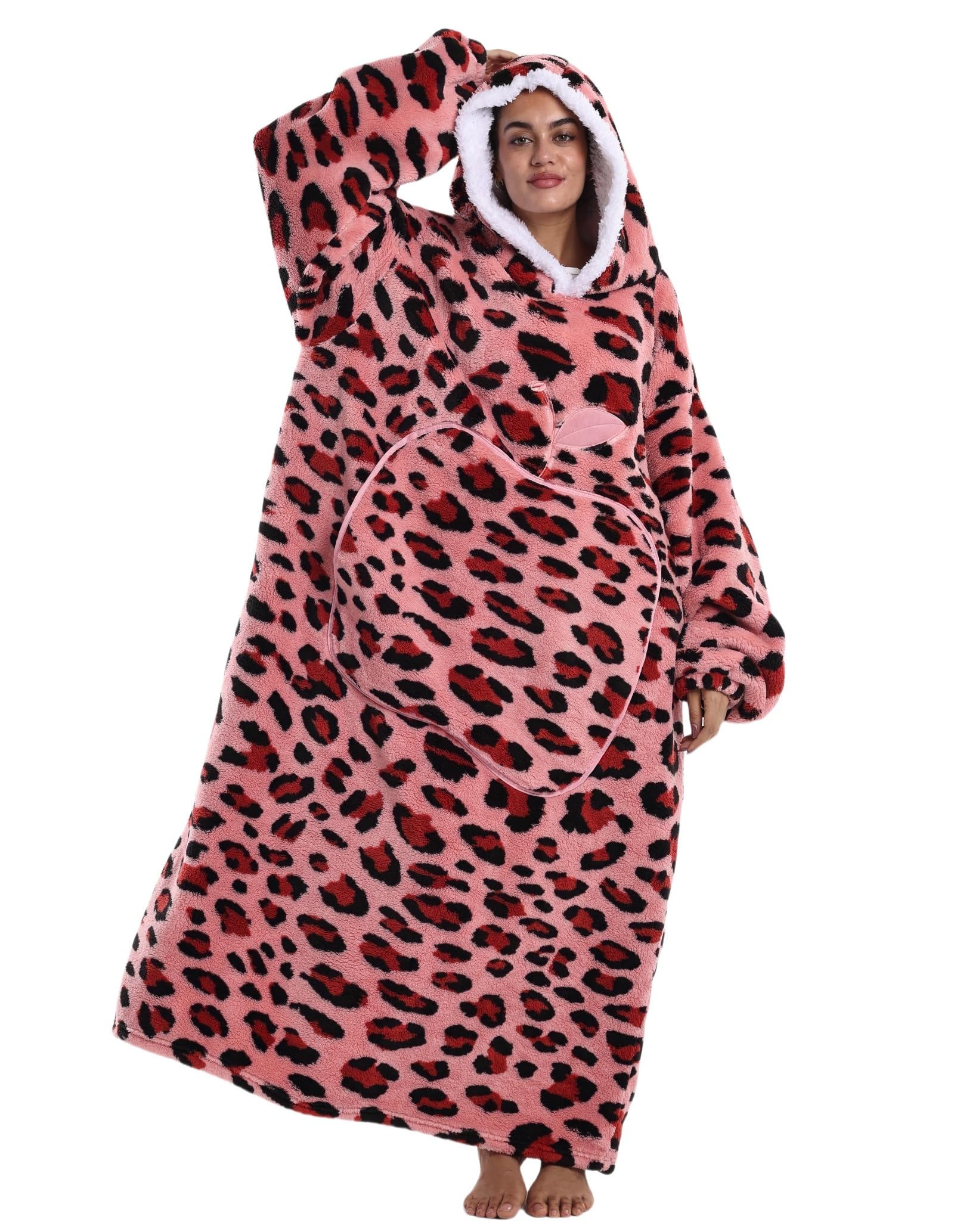 Pterygoid Extra Long Oversized Blanket Hoodie,Hooded Wearable Blanket with Sleeves for Women and Men,Soft Fleece Giant Sweatshirt with Pocket Gift for Adult Teenager,Pink Leopard
