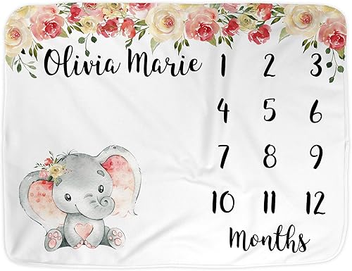 Miniatura 1 de Manta mensual de elefante para bebé, manta de mes con nombre para niña, accesorios de fotos de meses, tapete de fotografía para recién nacidos,