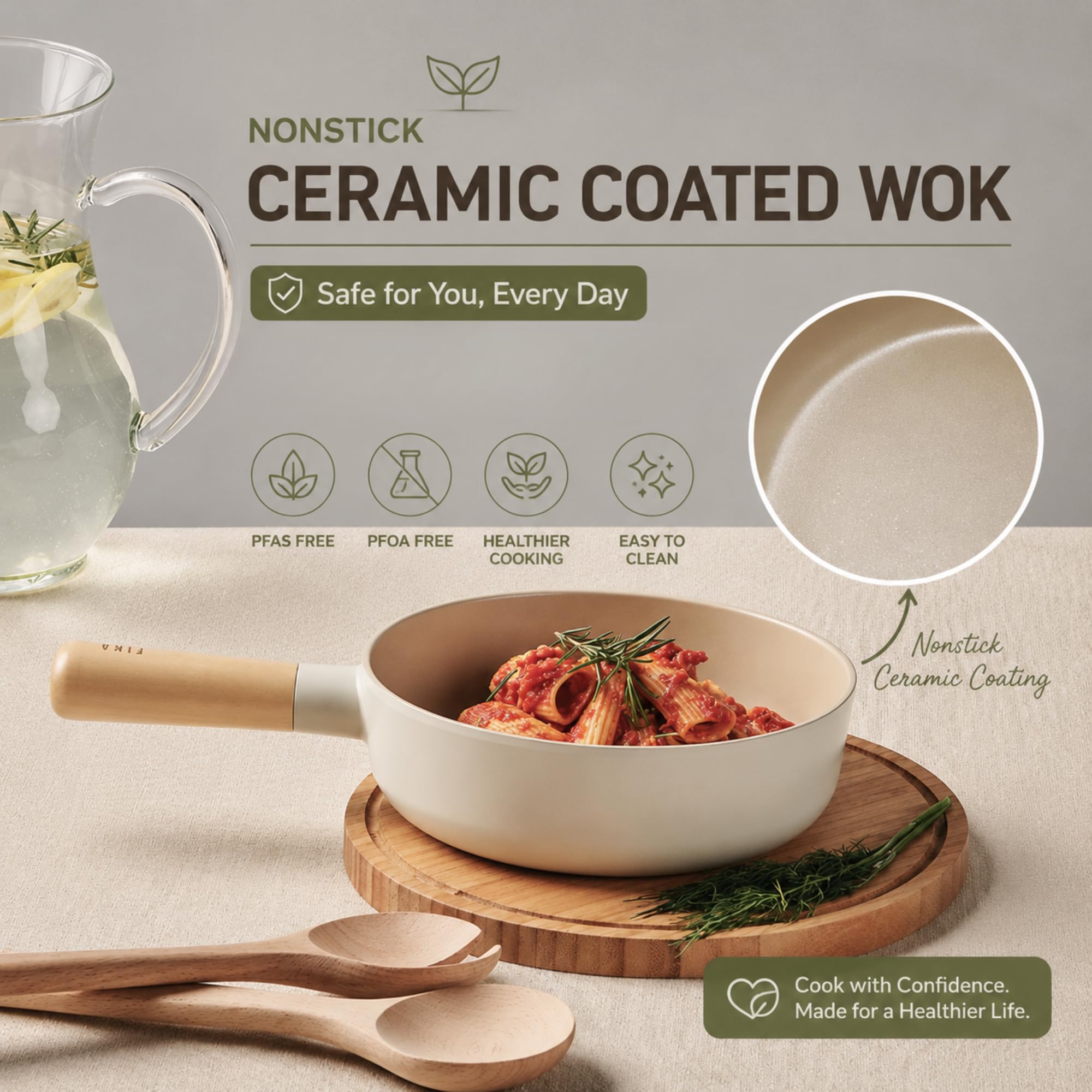 FIKA Mini-Wok mit Holzgriff, Induktions-kompatibles Kochgeschirr für alle Herdplatten, Küchenutensilien, Keramikbeschichtung, gesundes Kochen, Omelett-Bratpfanne, hergestellt in Korea (18 cm)