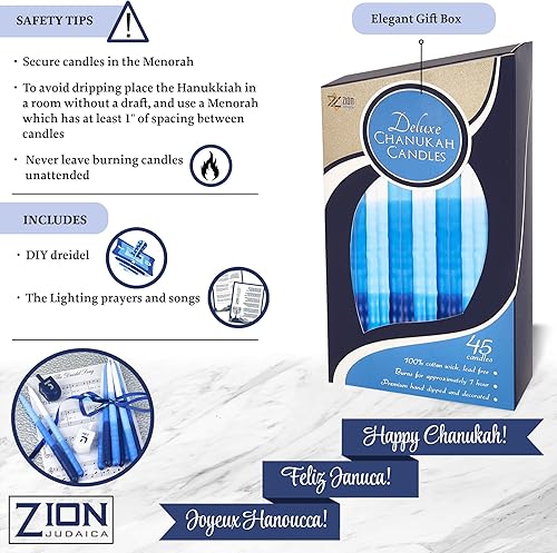 Miniatura 3 de Zion Judaica - Velas de Hanukkah para menorá, caja de 45 unidades, cera de calidad de estilo acanalado cónico tricolor, con tarjeta de oración y
