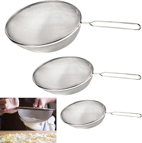 Miniatura 6 de Juego de 3 coladores de malla fina con mango de colador de harina, tamiz de harina, escurridor de alimentos de cocina, juego de colador de cocina de