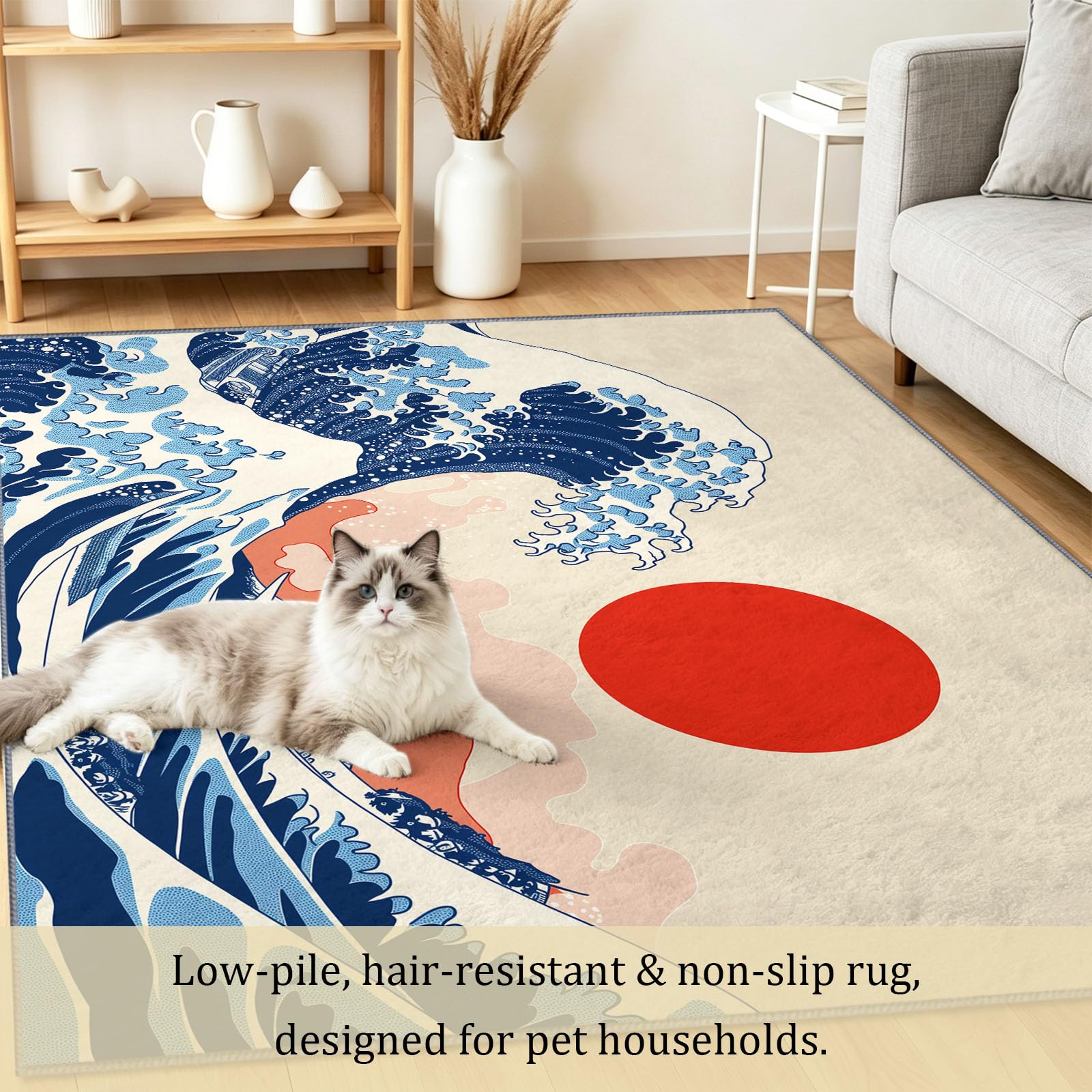 Générique Tapis de Salon Motif Grande Vague Ukiyo-e Japonaise Traditionnelle Doux Antidérapant Poils Ras, Résistant pour Adulte Chambre Salle à Manger Couloir et Bureau, 120 x 170 cm