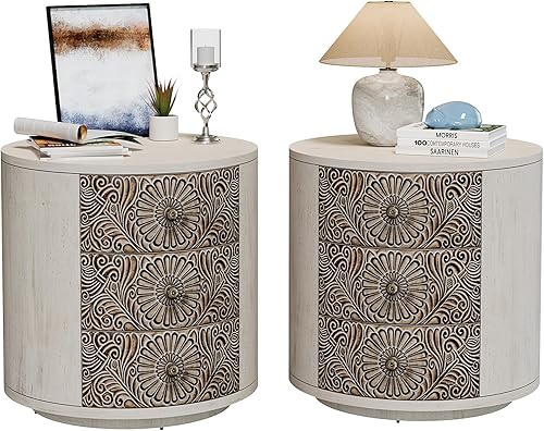 Miniatura 16 de SUNBURY Mesa auxiliar para sala de estar, mesa auxiliar pequeña con 3 cajones, mesita de noche vintage, elegante mesita de noche pequeña para