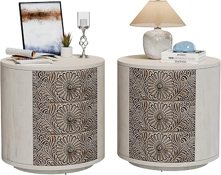 SUNBURY Round Night Stand Set of 2, Farmhouse Bedside Table, Farmhouse End Table, Vintage Wood Nightstand with Drawers, Round Accent Table for Living Room, Bedroom, No Assembly Required