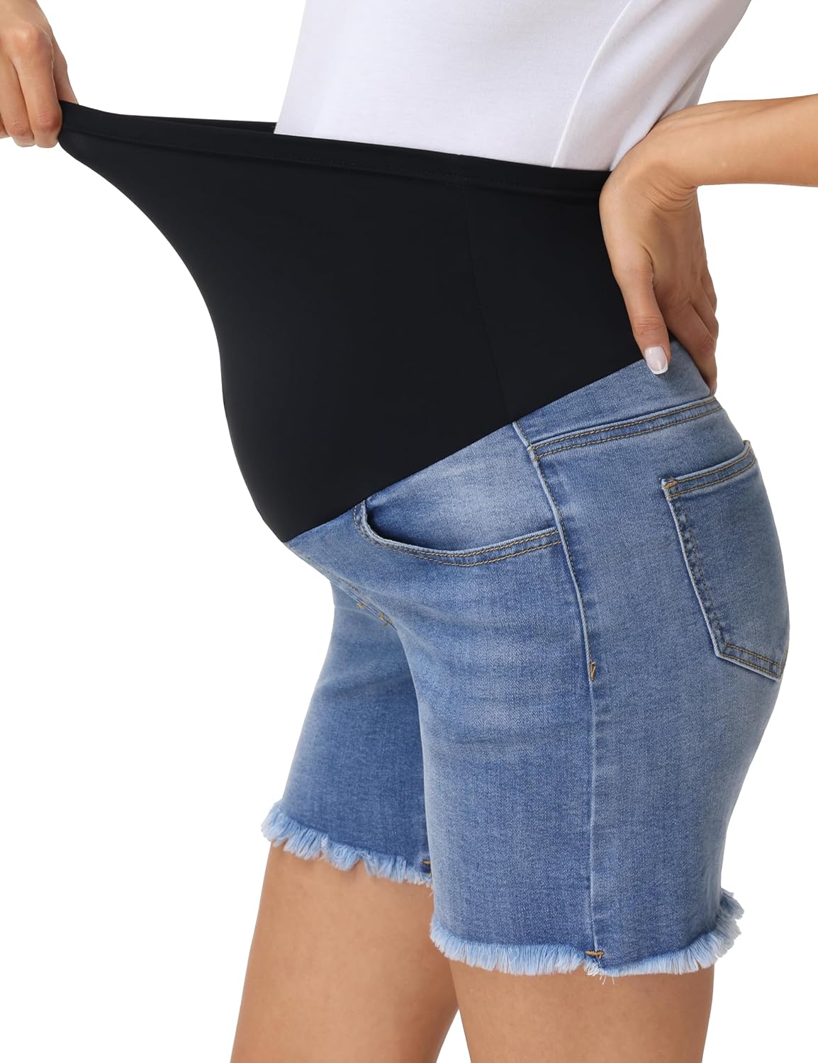 V VOCNI Maternity Jean Shorts for Women Over The Belly Stretchy Denim Short Summer Raw Hem Jorts Long Pregnancy Shorts