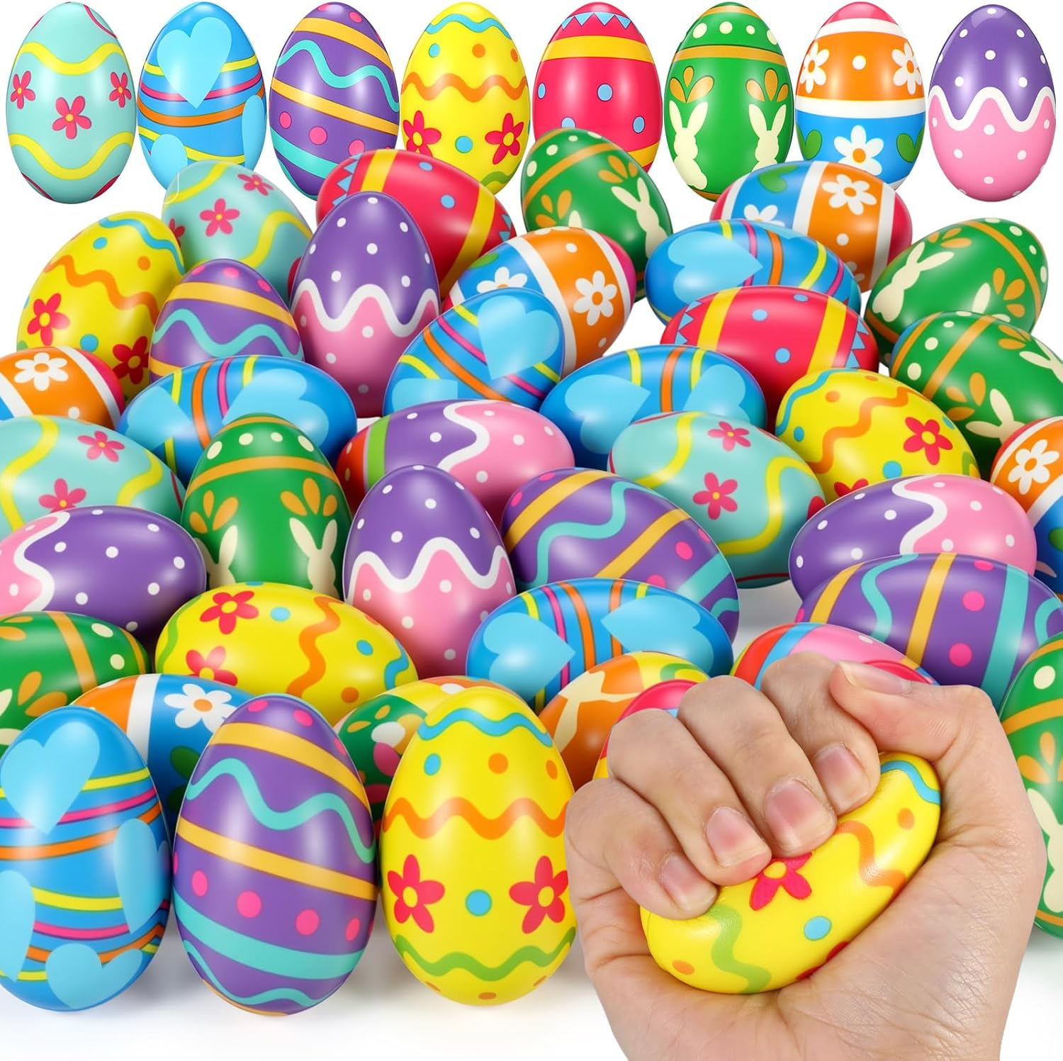 Sotiff 48 Pcs Easter Eggs Stress Balls Squeeze Easter Eggs Toy Bulk Slow Rising Stress Relief Fidget Toy for Easters Egg Hunt Basket Stuffers Fillers Party Favor Gifts(Stylish)