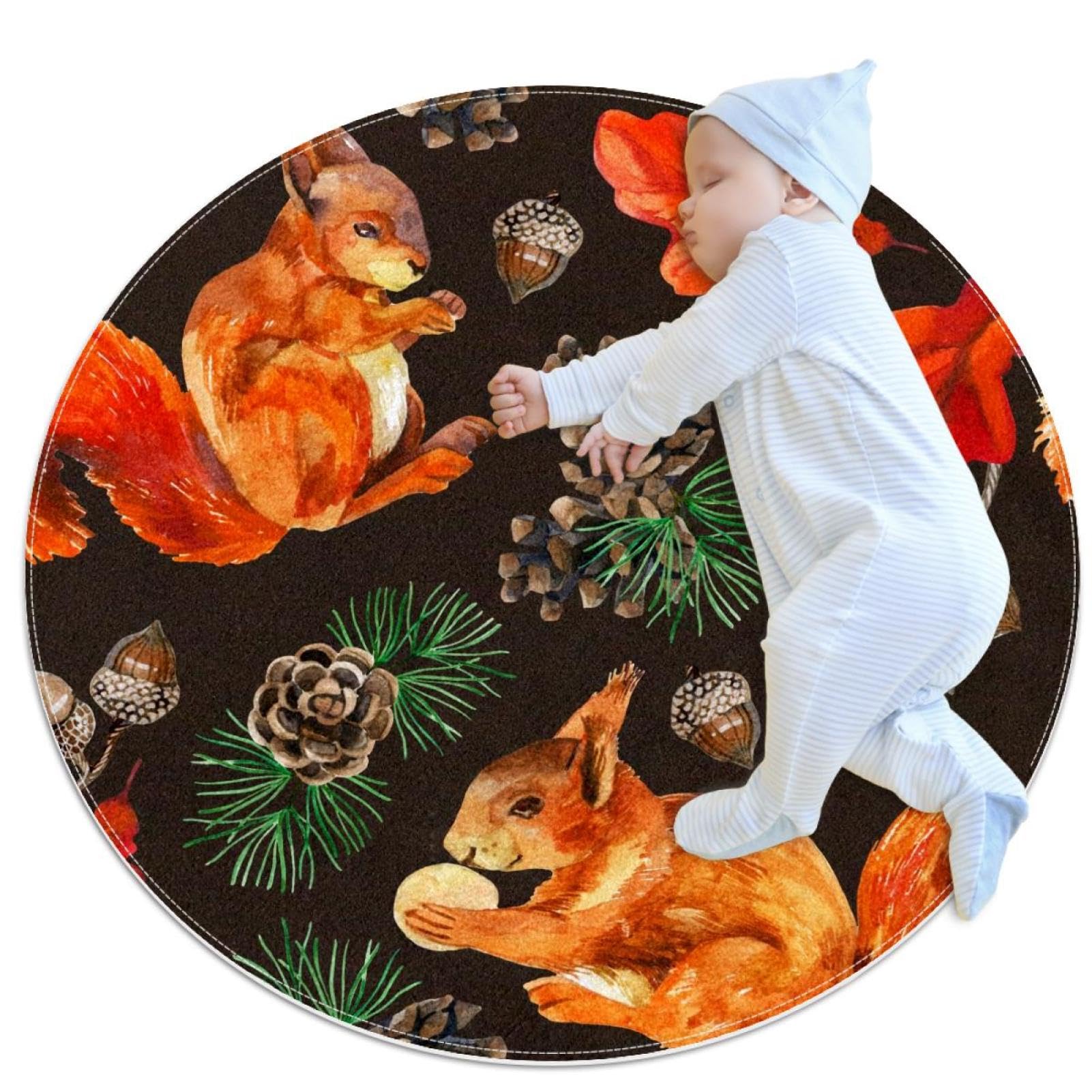 Petit tapis de salle de bain écureuil et feuilles d'automne rond 1m antidérapant