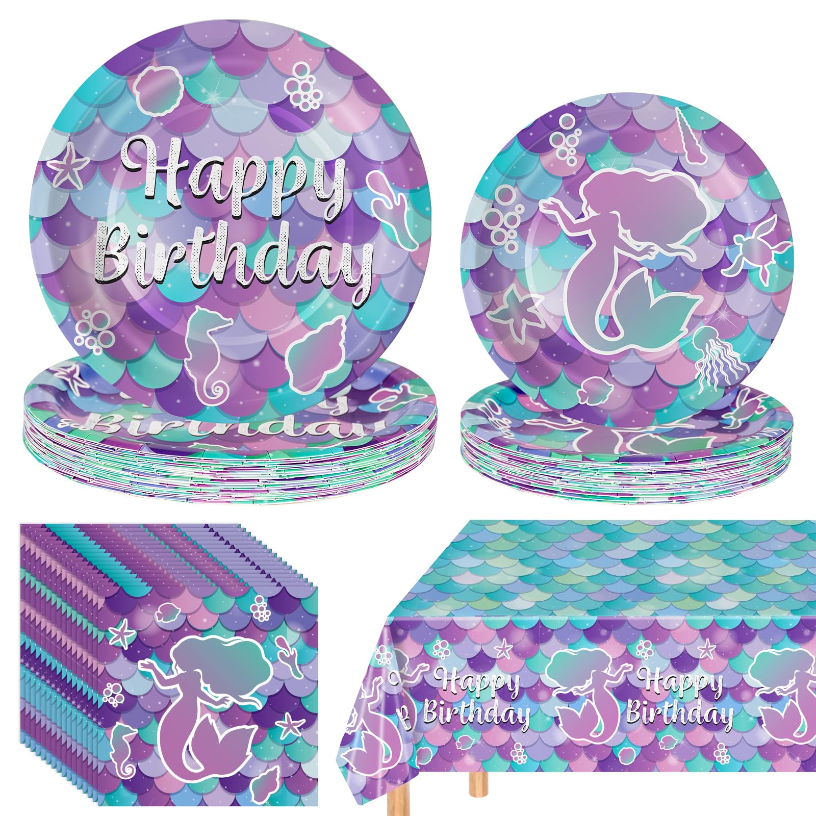 76 Pcs Mermaid Birthday Decorations - Mermaid Party Supplies Set Includes Plates Napkins and Tablecloth, Mermaids Themed Birthday Tableware for Kids Girls Baby Shower Ocean Party Decorations,Serves 25