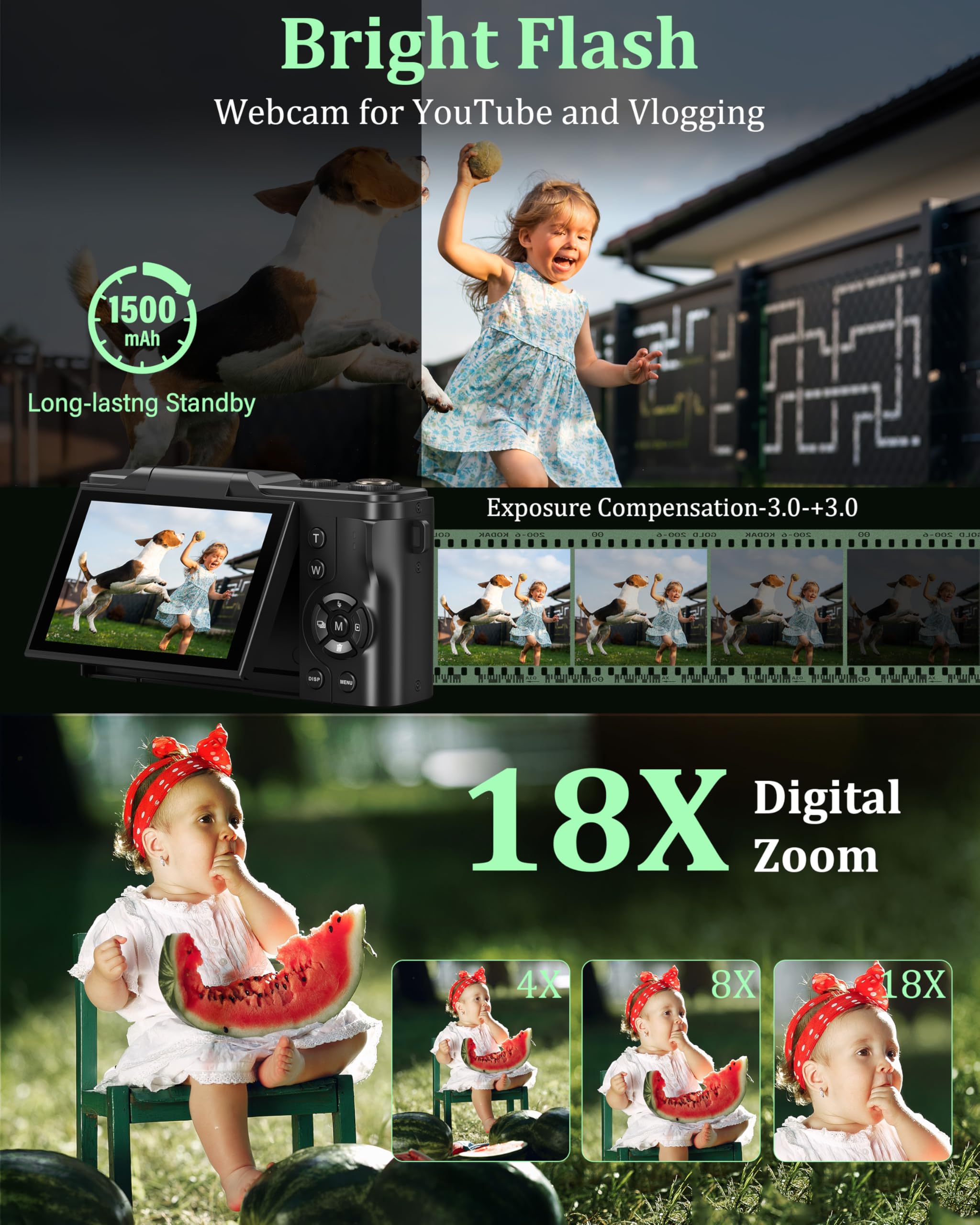 Fotocamera digitale 4K, 64 MP, fotocamera fotografica con schermo a flip da 3,0", 180°, autofocus con zoom digitale 18x, fotocamera compatta portatile con batteria da 1500 mAh, per adolescenti, adulti