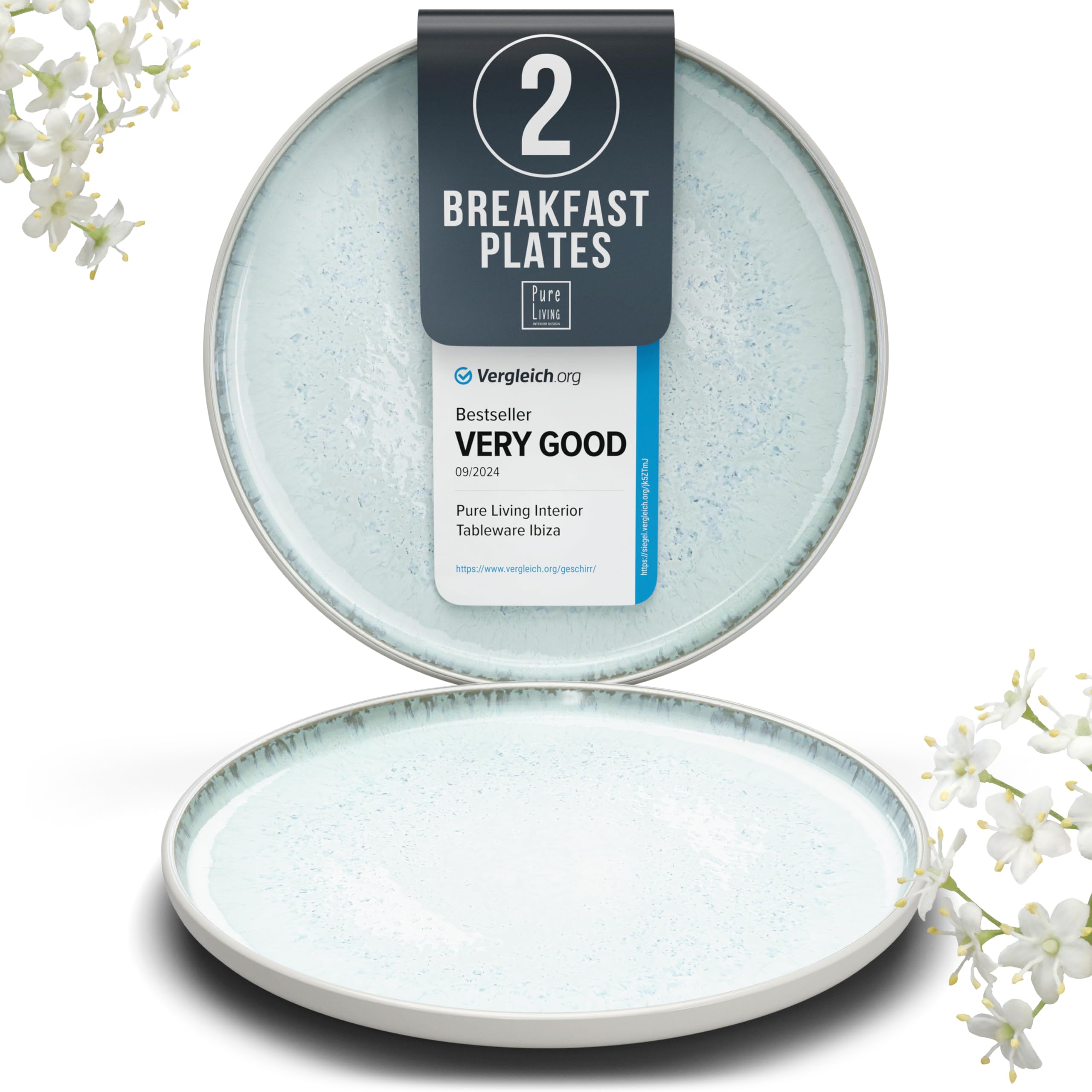 Stoneware breakfast & dessert plates set 2 pcs – Light beige & blue stylish cake plates – Dishwasher, microwave and scratch resistant – Small salad plates – Dinner service