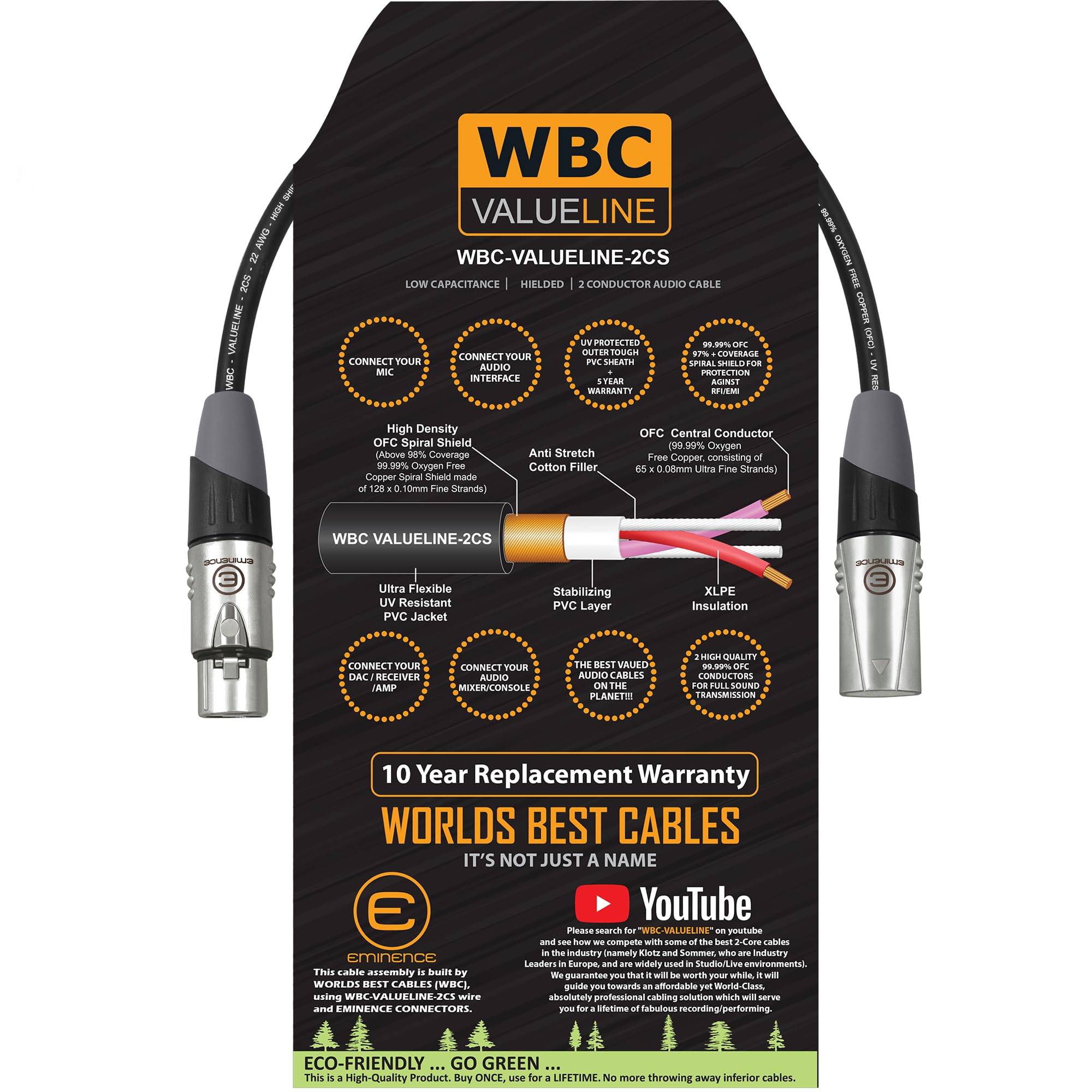WBC-VALUELINE-2CS (22 AWG) - 1.5 Foot–Low-Capacitance Shielded Balanced Flexible Microphone, Active-Speaker & Interconnect Cables with Eminence Gold XLR Connectors