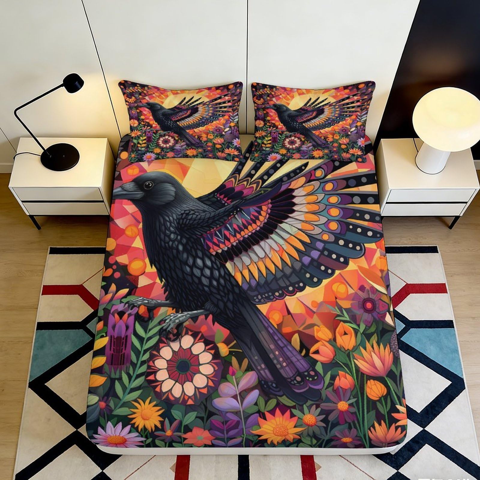 Pnayamiorkfel Style-8 3D Printed Vibrant Raven Art Fitted Sheet Microfiber Soft Mattress Cover For Bedroom Dorm Decorative Design 90X200x25cm