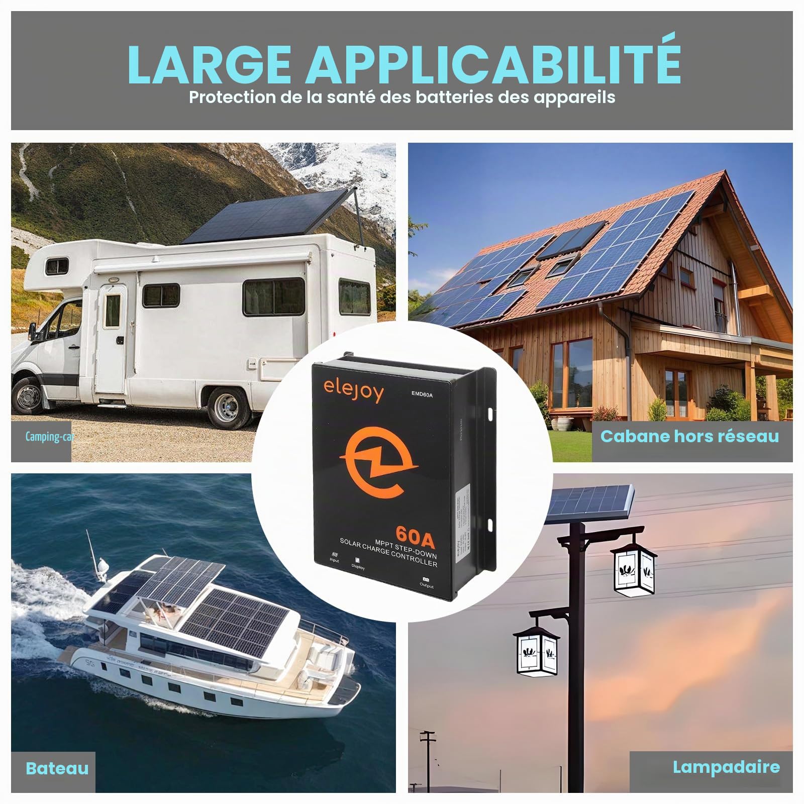 ContrôLeur de Charge Solaire Mppt 60a 12V-48V 99% Efficacité | Sortie RéGlable de 10V-60V Avec écran de RéGulation Du Panneau Solaire LCD Externe Refroidissement Par Air