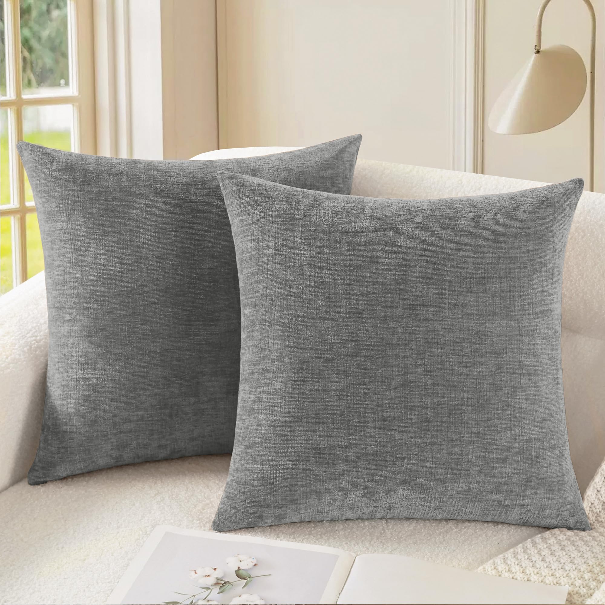 CaliTime Throw Pillow Covers Decorative 18 X 18 Inches Pack of 2 Cozy Chenille Cushion Cases for Couch Sofa Bed Living Room Home Medium Grey