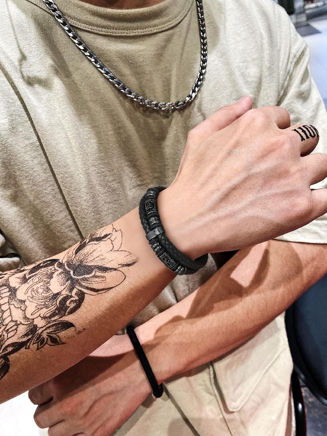 Bestyle Genuine Men Leather Bracelets Fashion Stainless Steel Celtic Beaded Wristband for Men, Size 7.5/8.3/9.1/9.8Inch Men Bracelet, Message Card Offered - Image 4