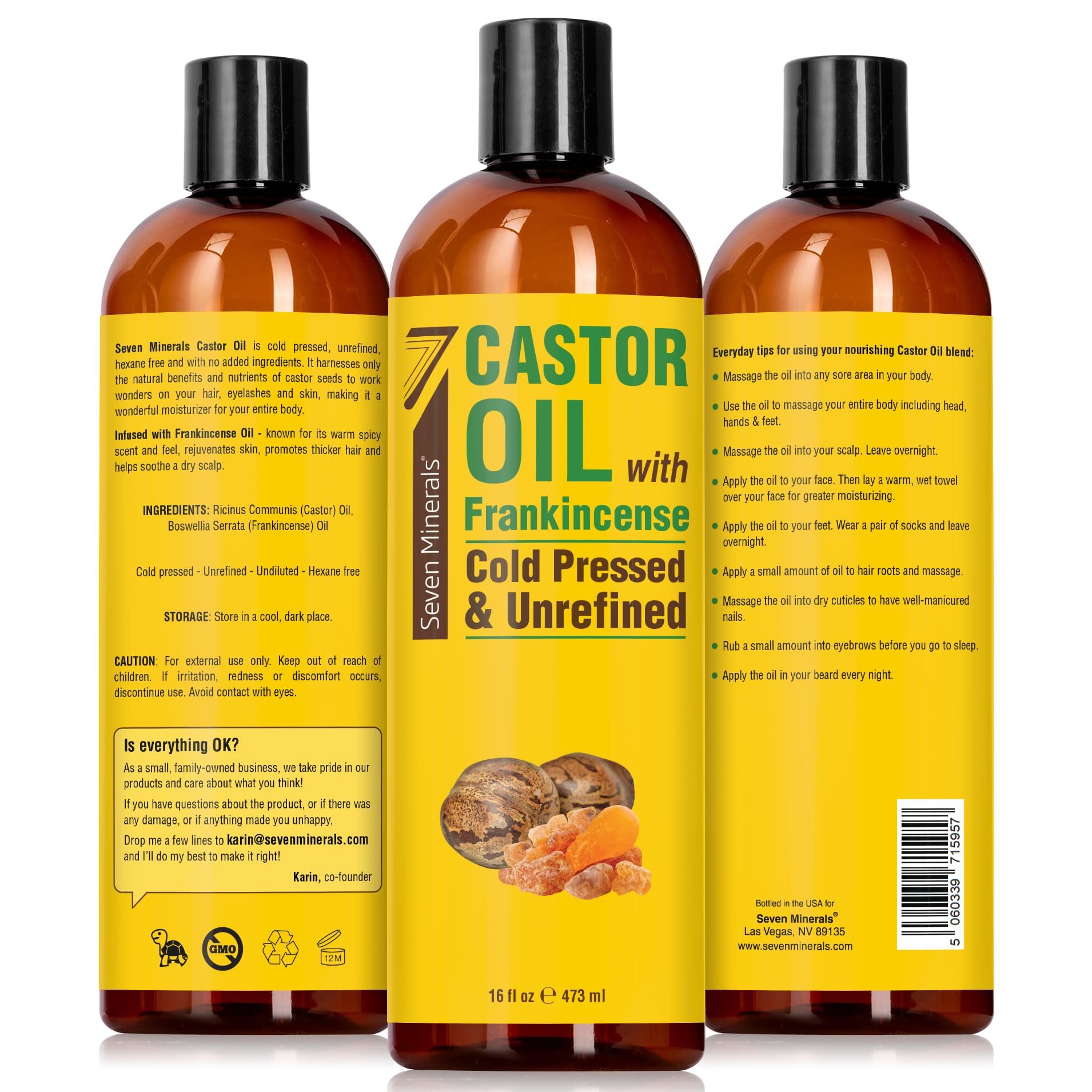 Seven Minerals Cold Pressed Castor Oil with Frankincense - 16 fl oz Bottle - Unrefined & Hexane Free - Hair Growth, Thicker Eyelashes & Eyebrows, Dry Skin Care, Joint and Muscle Relief (Pack of 1)