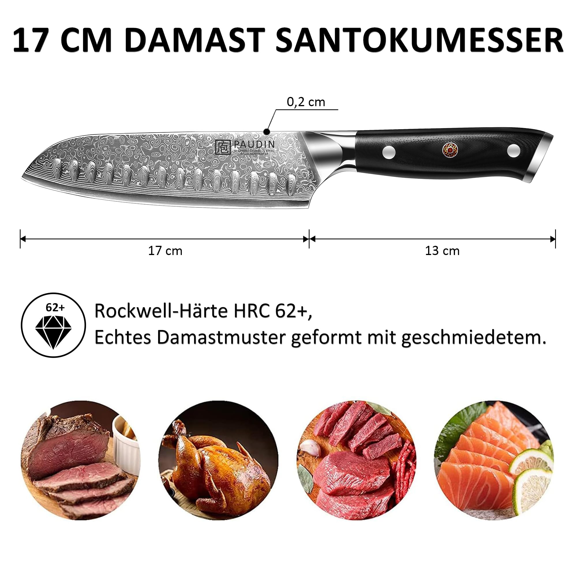 PAUDIN damatic coltello santocumeista, lunghezza della lama 17 cm coltello da cucina in acciaio tedesco, coltello da cucina con coltello da sushi con manico ergonomico VG10