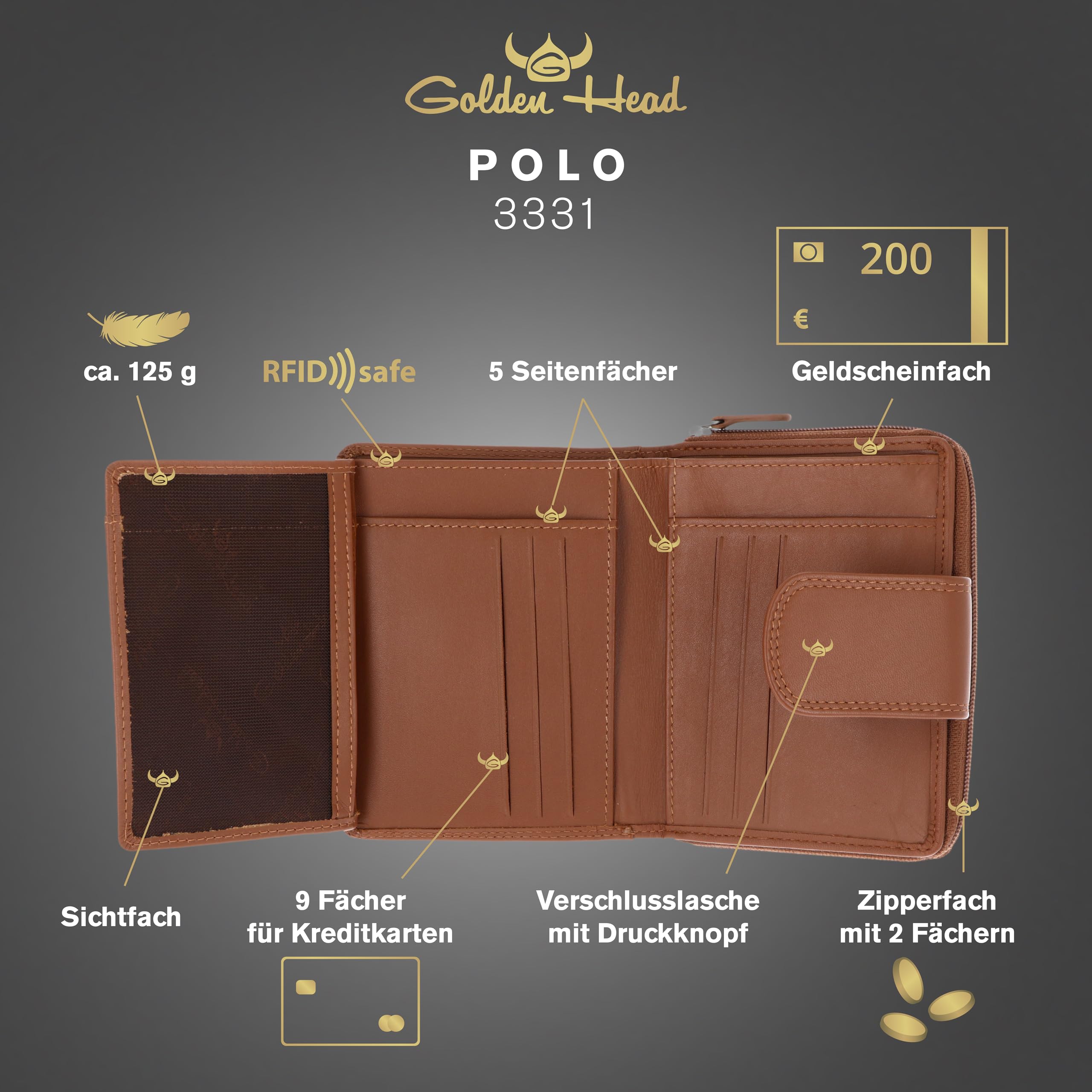 Golden Head Cuero Monedero Polo RFID Protect RV-Börse 3331 Cognac marrón