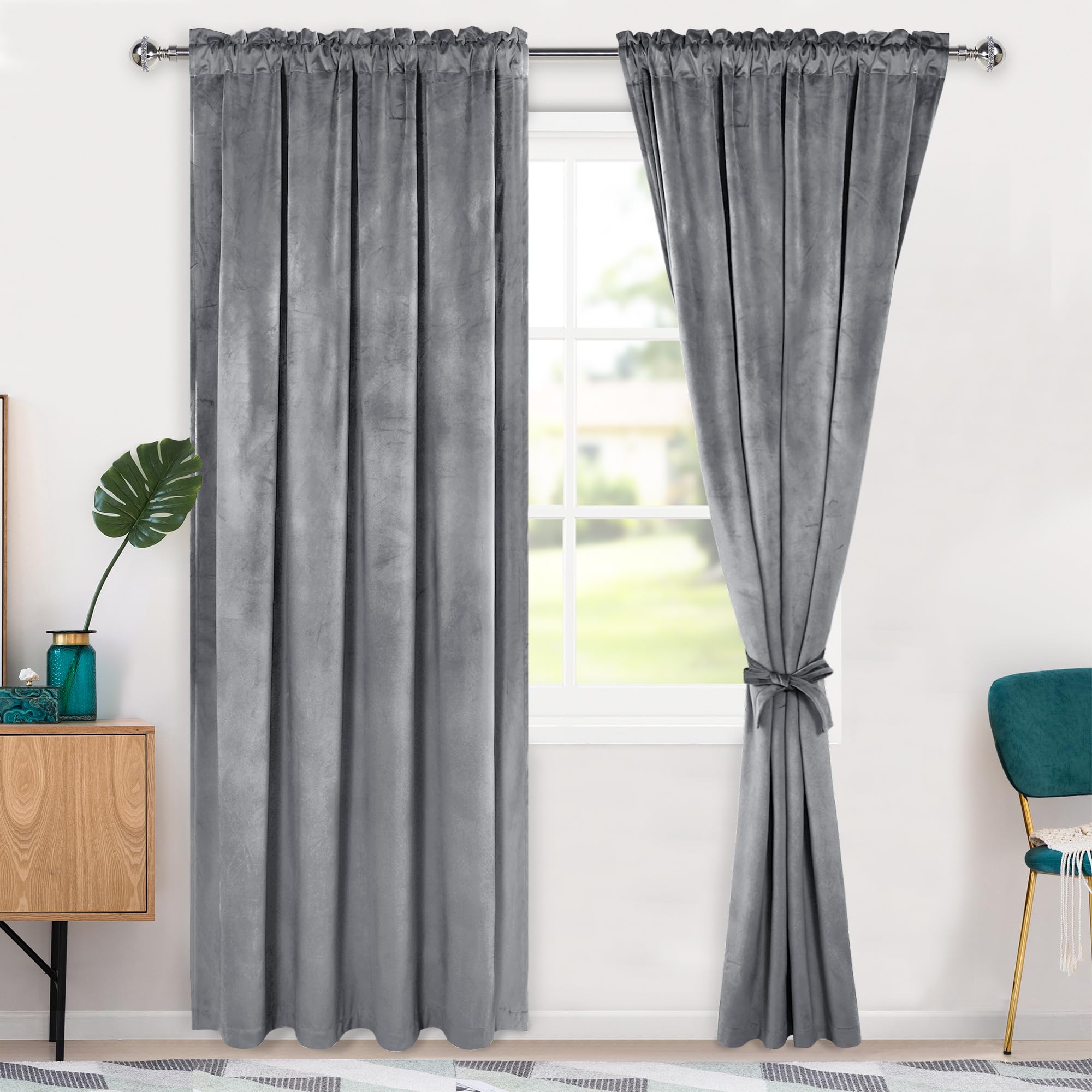 Hiasan Grey Velvet Curtains 84 inches-Blackout Thermal Insulated Solid Soft Curtains for Bedroom Living Room Rod Pocket Room Darkening 2 Panels Window Drapes with Tiebacks, 52W x 84L