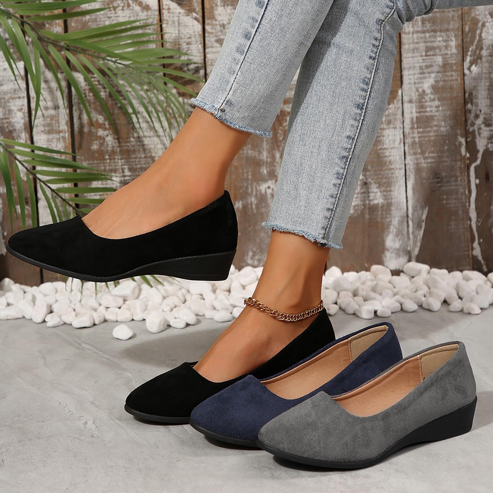 Elegantes zapatos de cuña de ante ligeros y antideslizantes con tacón bajo, cuñas bajas cerradas, puntera redonda, ortopédica, soporte de arco para caminar, para fascitis plantar