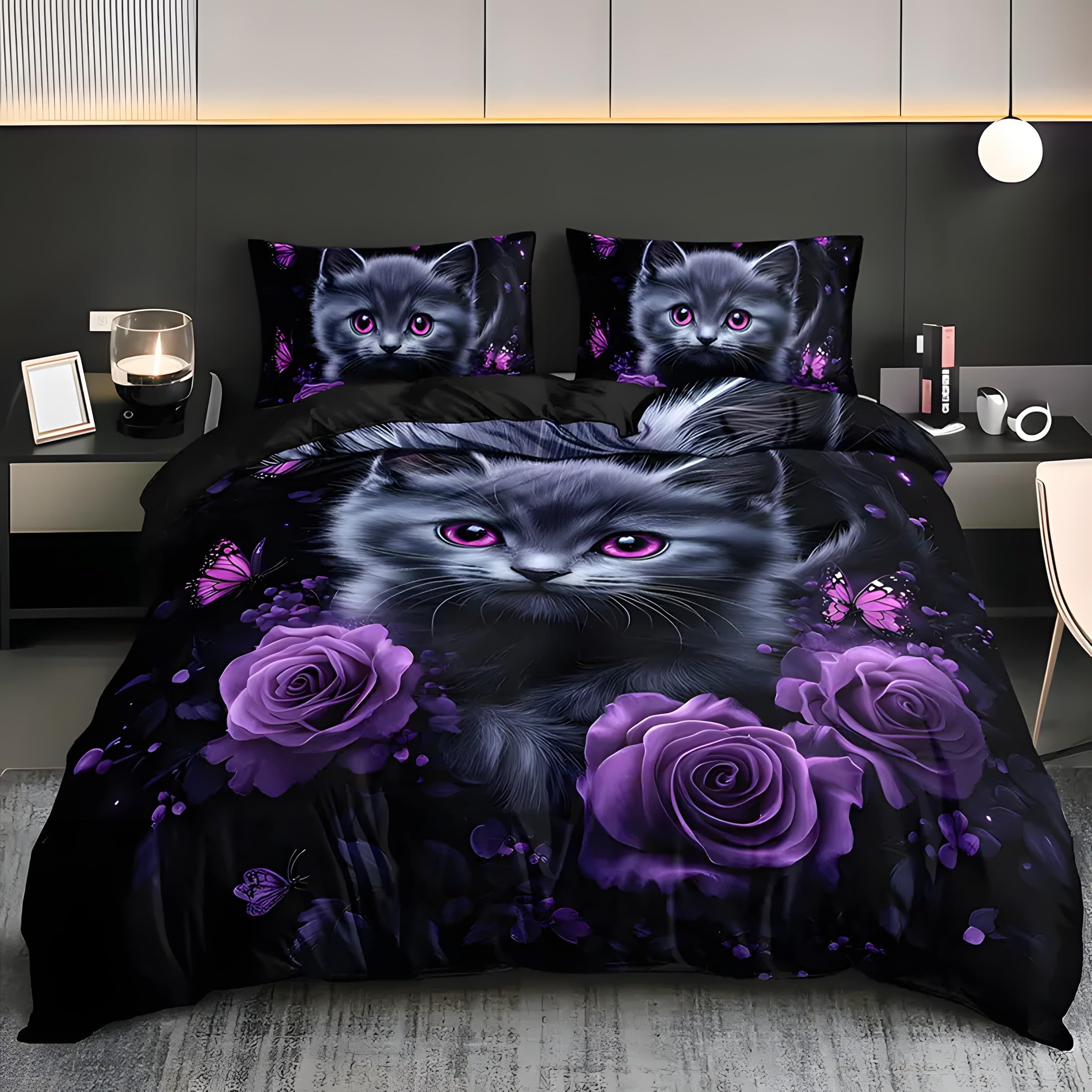 Bsyyzqc Boys Cat Duvet Cover Double Purple Roses Bedding Set With Zipper Closure, Duvet Cover Sets 3D Printed Microfiber Quilt Cover 200X200 Cm With 2 Pillowcases 50X75 Cm