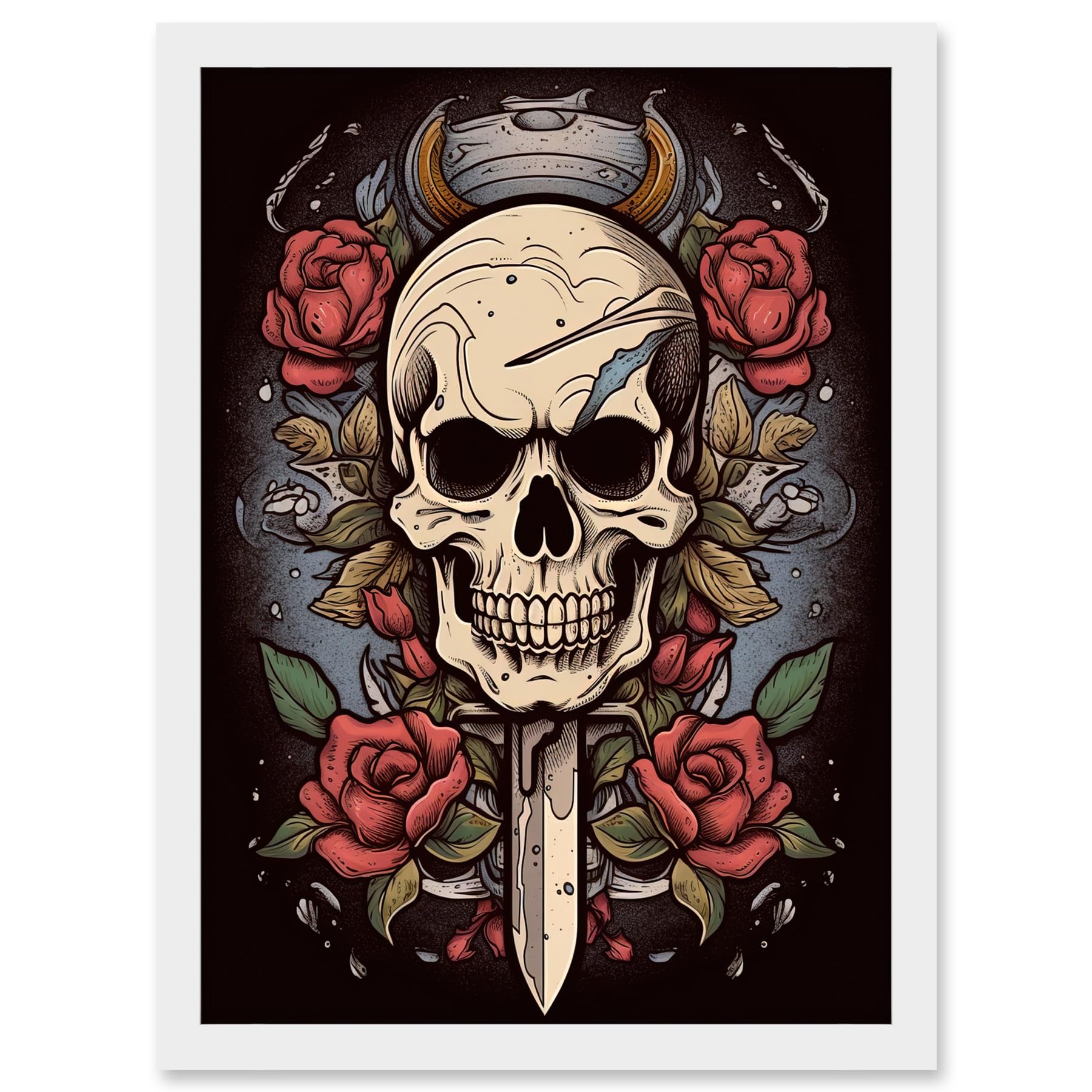 Artery8 Skull Dagger and Roses Tattoo Ink Body Art Rockabilly Americana 50s Artwork Framed A3 Wall Art Print