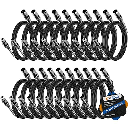 Cable XLR de 10 pies (paquete de 20), 22AWG, carcasa de aleación de zinc, cable XLR macho a hembra, cable de micrófono blindado equilibrado de 3