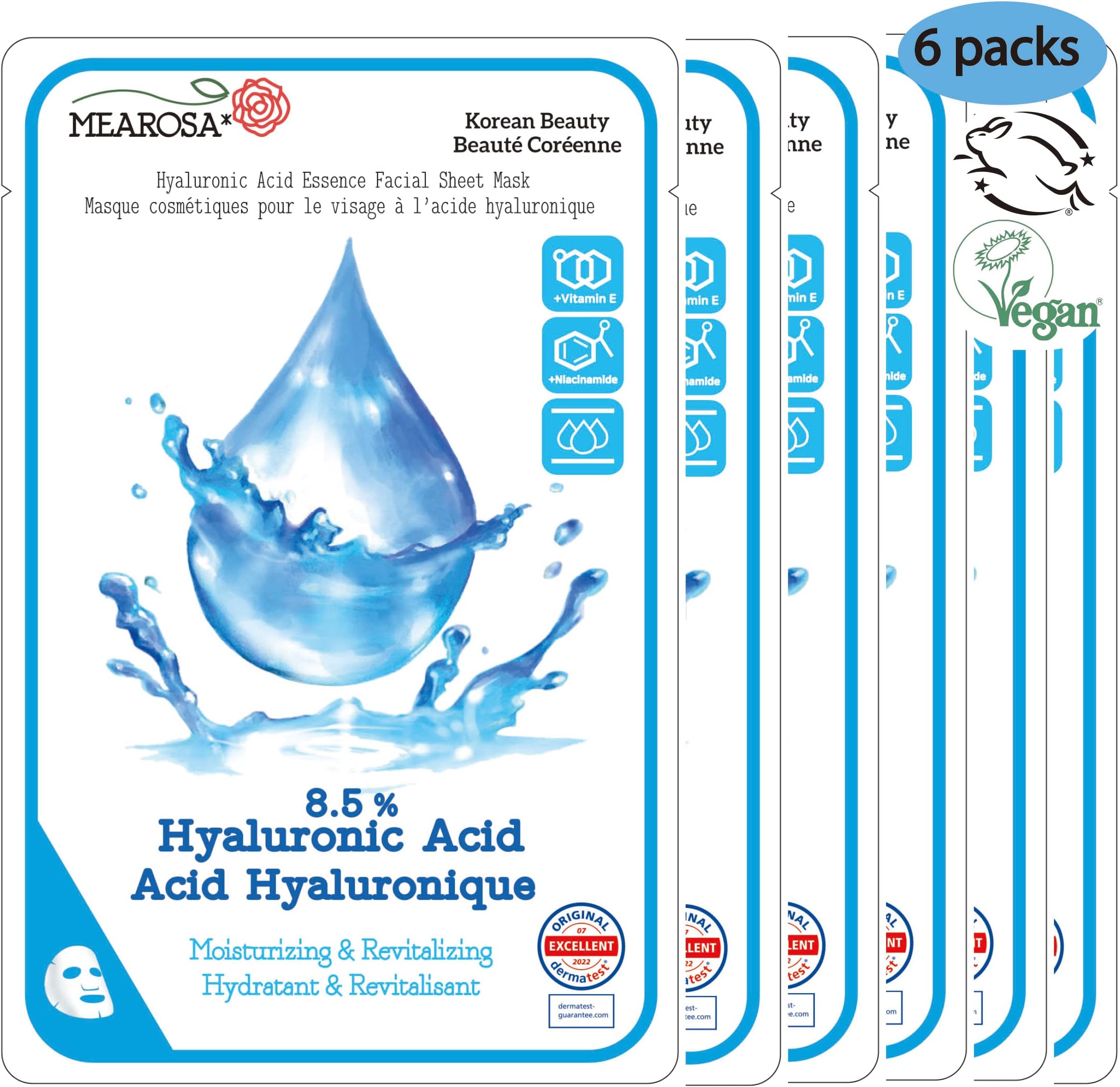 Dermatologically tested, 8.5% Hyaluronic Acid, Niacinamide, Vitamin E Vegan Formula Essence facial sheet masks Premium Quality Sensitive Skin [6Sheets]