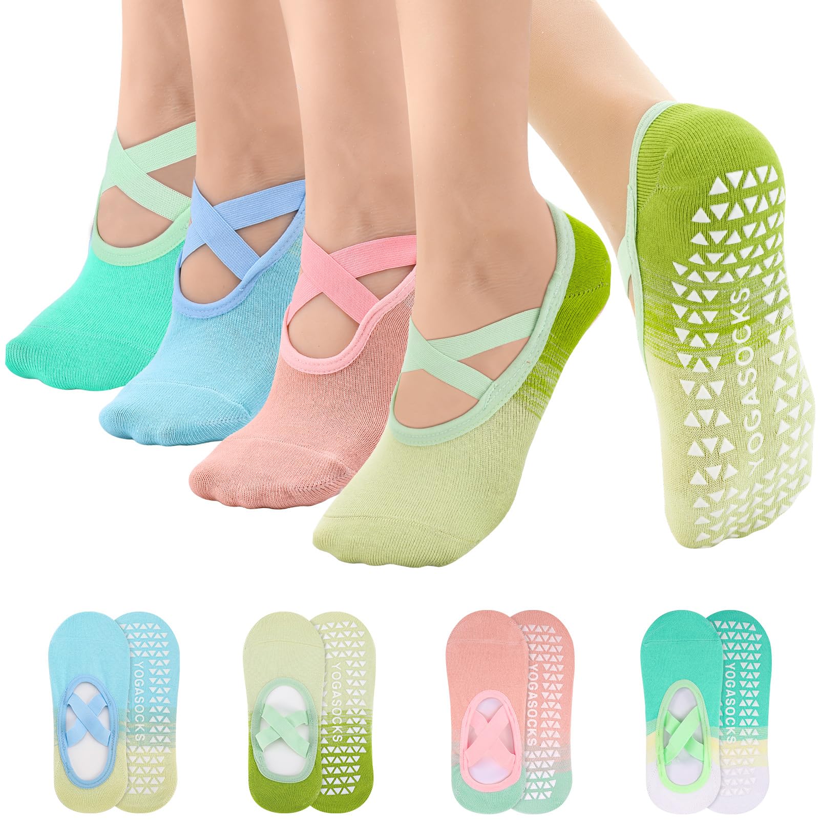 Jspupifip 4 Pairs Pilates Socks with Grips for Women X-Cross Straps Non Skid Yoga Grippy Socks Anti Slip Pilates Barre Home