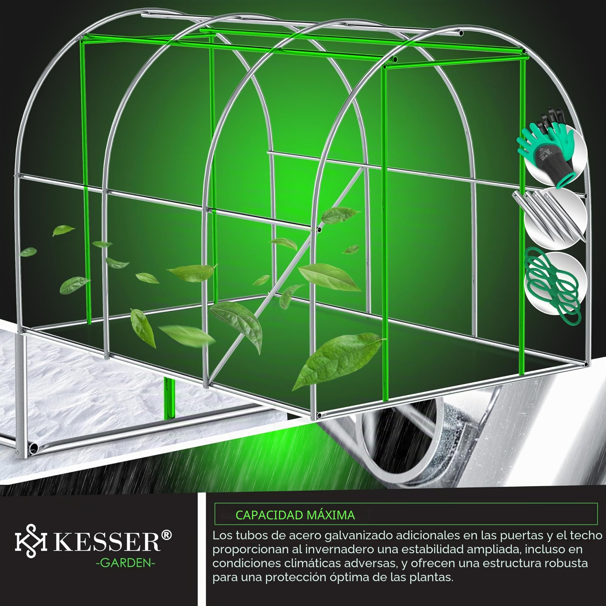 KESSER® Invernadero Estable con 6 Ventanas con mosquitera y Puerta, túnel de jardín con Marco de Acero galvanizado, 170 g/m², Incluye Guantes y Cuerdas, 200 x 300 cm, Color Verde