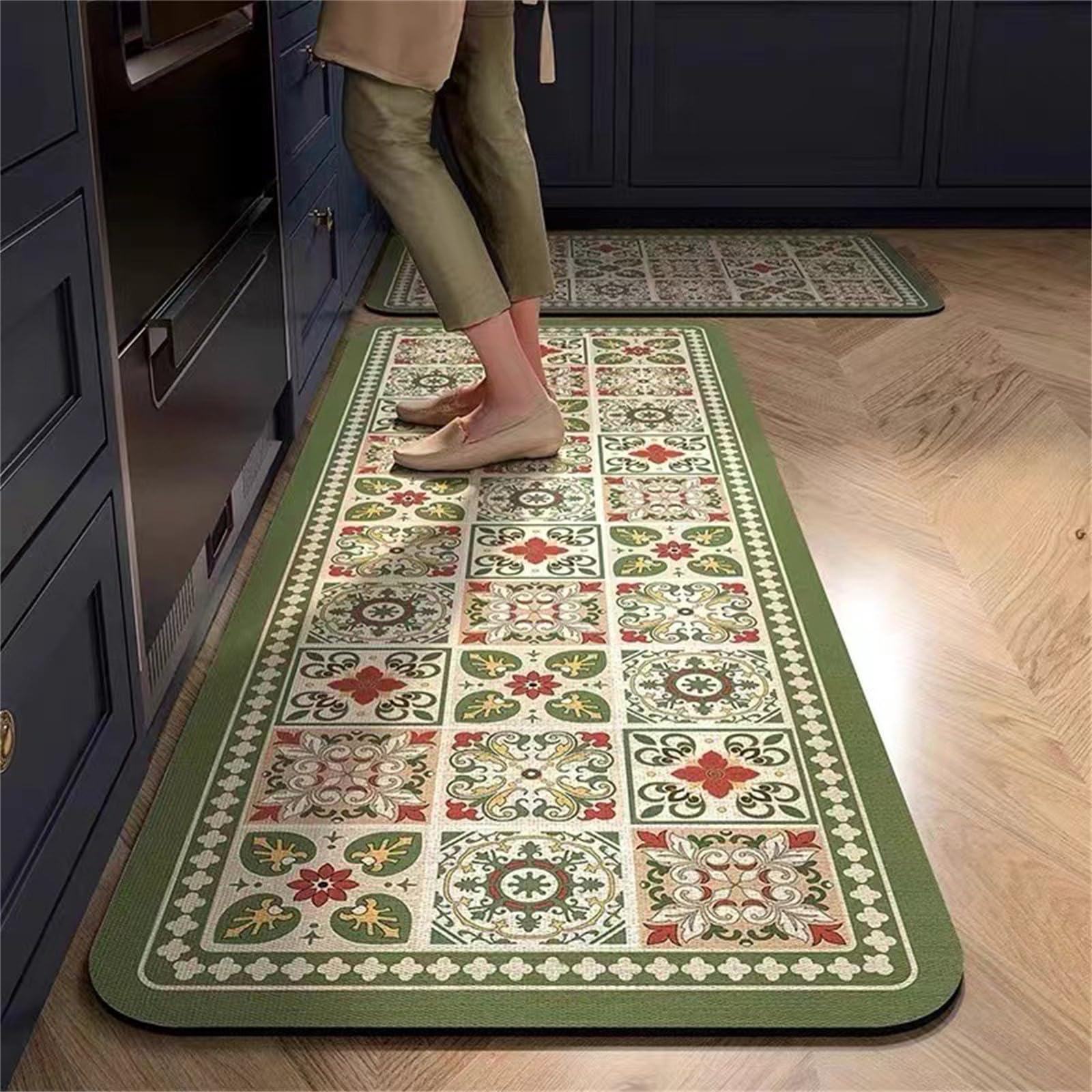 Highdi Water Absorption Kitchen Rug, Moroccan Style Kitchen Mat Door Mat, Thickness 2.5mm Non Slip Kitchen Mats Washable Kitchen Rugs, for Entryway,Laundry Room,Hallways (Green,60x120cm)