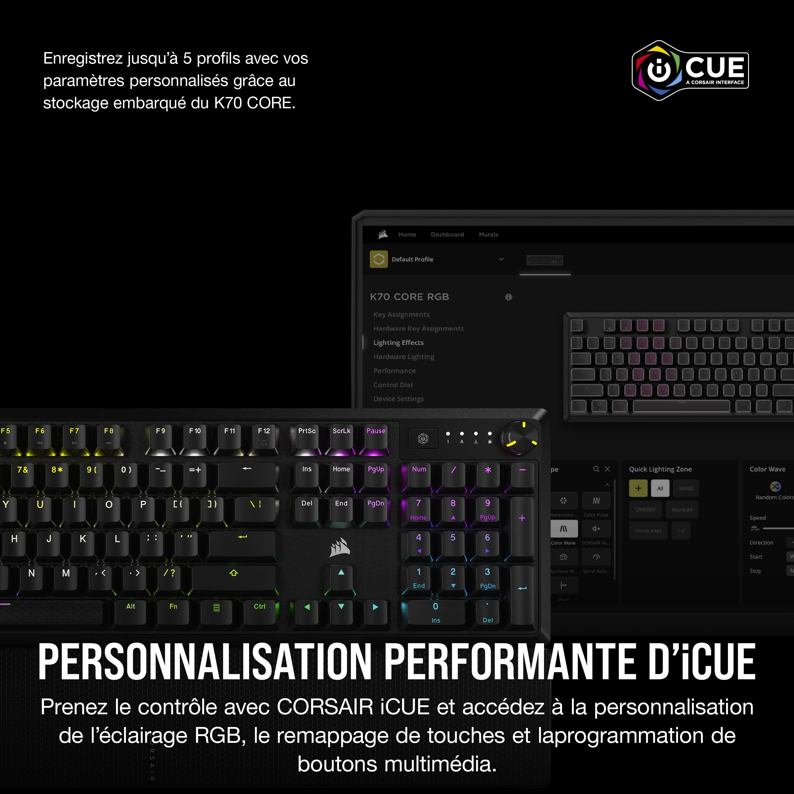 Corsair K70 Core RGB Clavier de Jeu Mécanique Filaire (AZERTY FR) – Noir | Repose-Poignets, Interrupteurs Linéaires Lubrifiés MLX Red, SOCD, Amortissement du Son, Cadran de Contrôle Des Médias