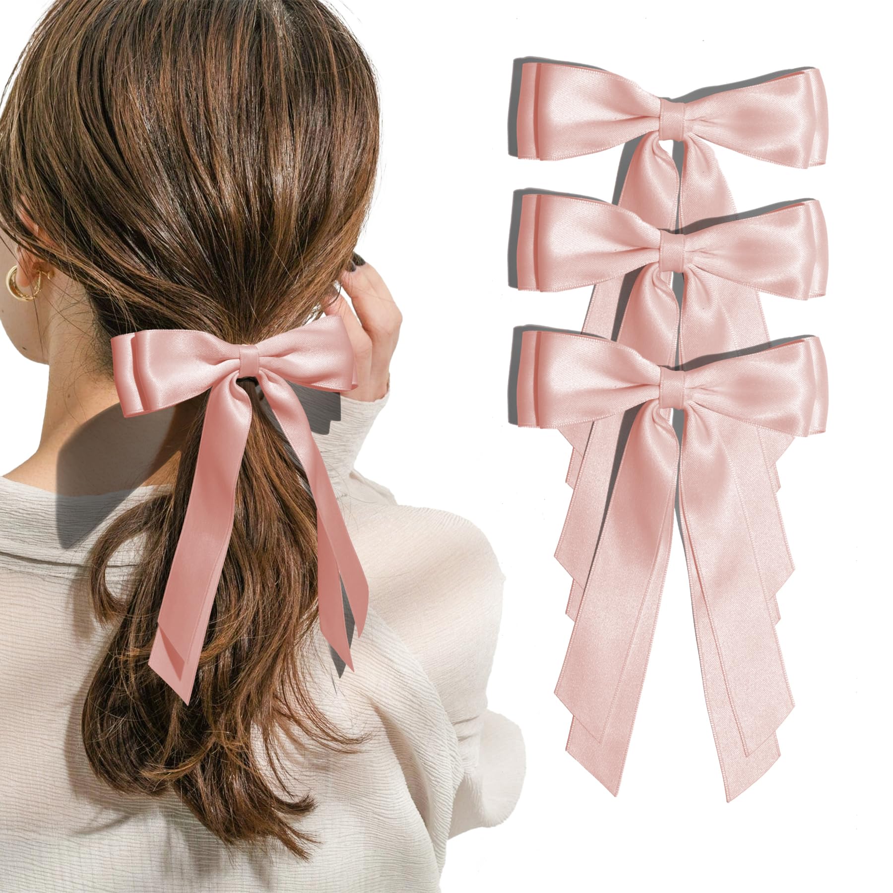 Dark Pink Hair Bows for Women 3PCS Bow Hair Clips with Metal Clips Long Tail 7.8" Solid Satin Polyester Ribbon Ponytail Holder Hair Accessories for