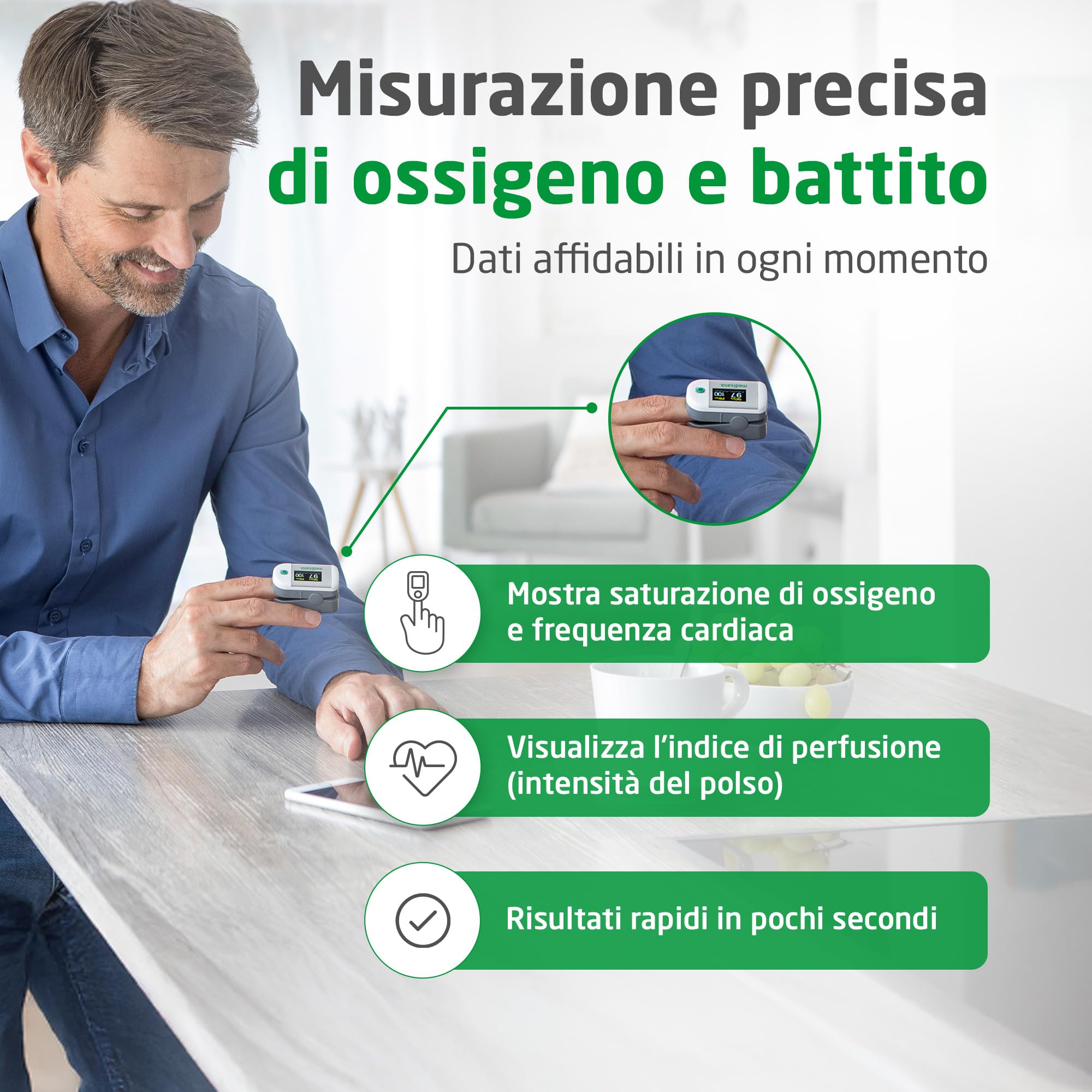 Medisana PM 100, misurazione di saturazione dell'ossigeno nel sangue, pulsossimetro da dito con display OLED e funzionamento one-touch
