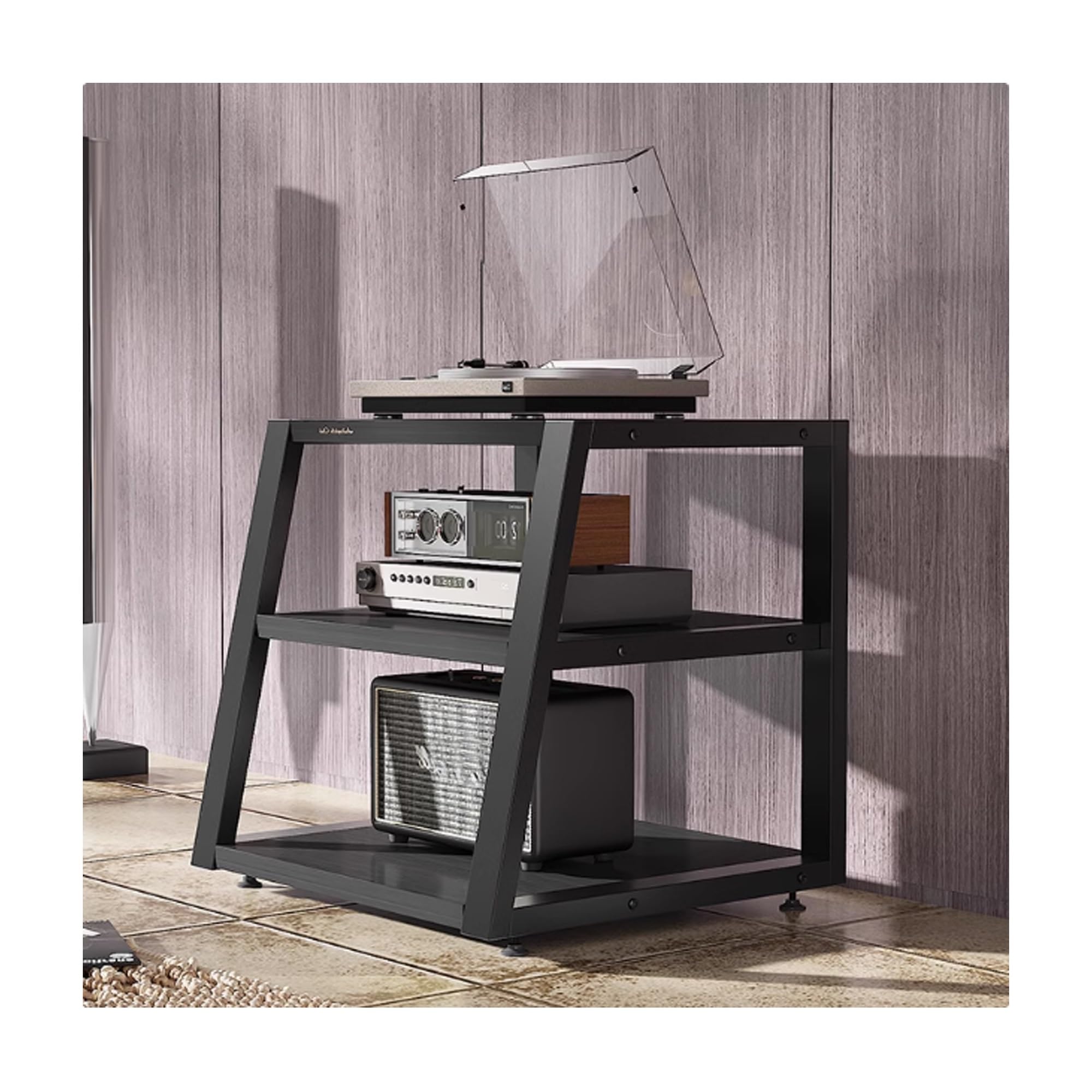 Stojak audio AV, 4-poziomowy stojak stereo do przechowywania multimediów i urządzeń rozrywkowych, odtwarzacz płyt DVD CD, uchwyt do domu, biura, kina, czarny, 60 x 52 x 60 cm