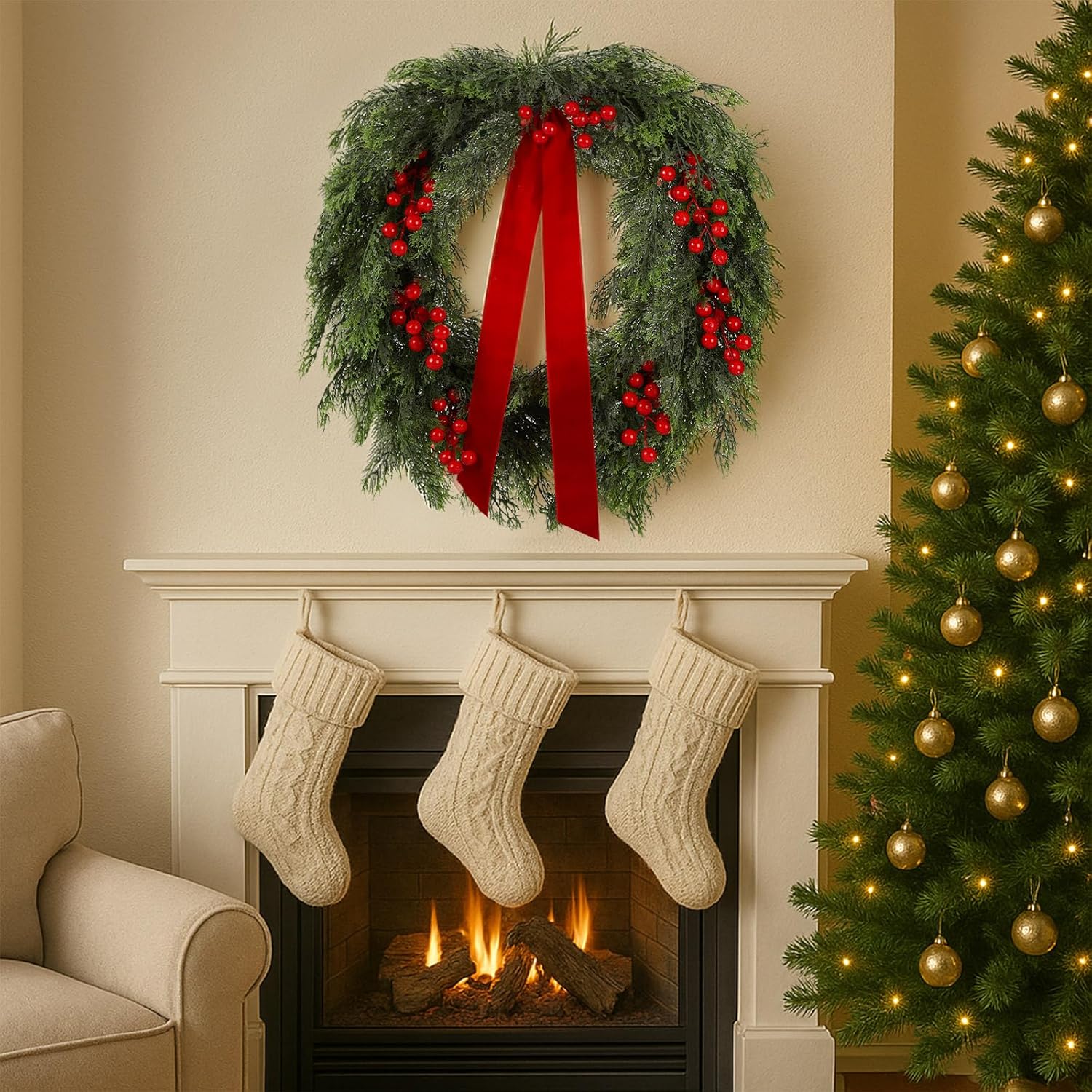Suncalla 24'' Artificial Cedar Wreath for Front Door Christmas Wreaths Faux Cedar Decorated with Berry and Ribbons Xmas Wreath for Indoor Window Holiday Decor