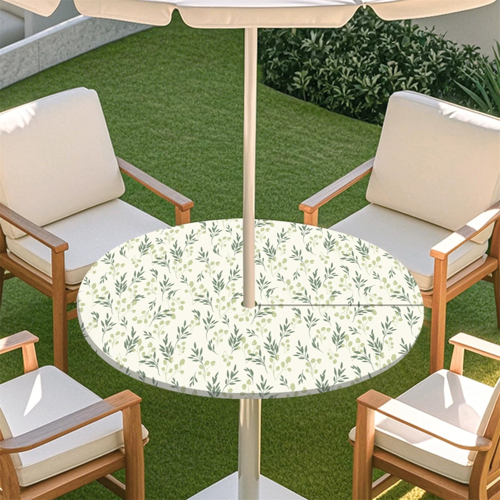 Muiuou Elastic Edge Fitted Round Tablecloth Protector Waterproof Outdoor Circle Tablecloth with Parasol Hole and Zipper, Wipe Clean Table Cover for Garden BBQ Party (Style 1,M(36-44inch))
