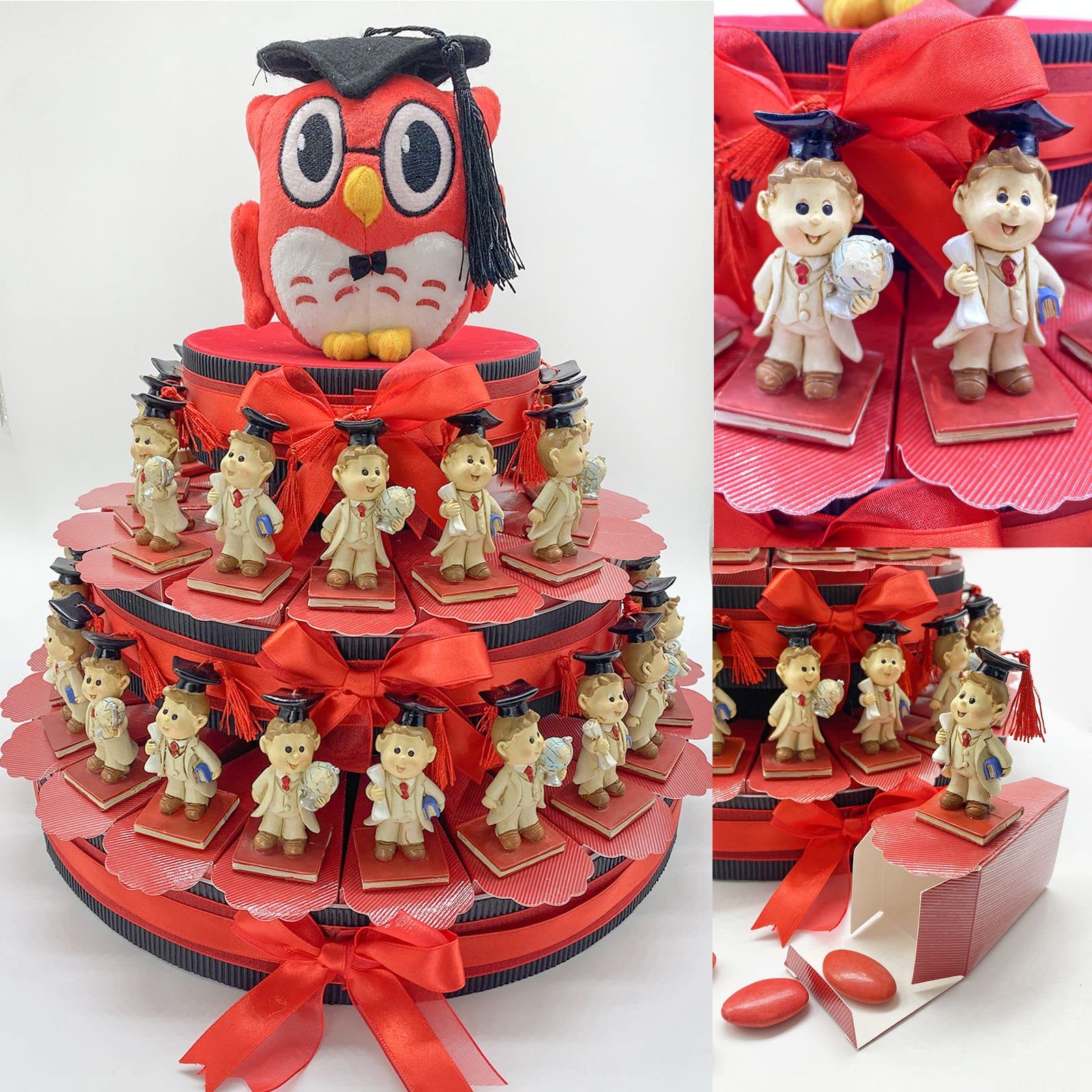 Ingrosso e Risparmio Torta di bomboniere con Gufetto Peluche e statuina Laureato con Tocco.(36 Fette)