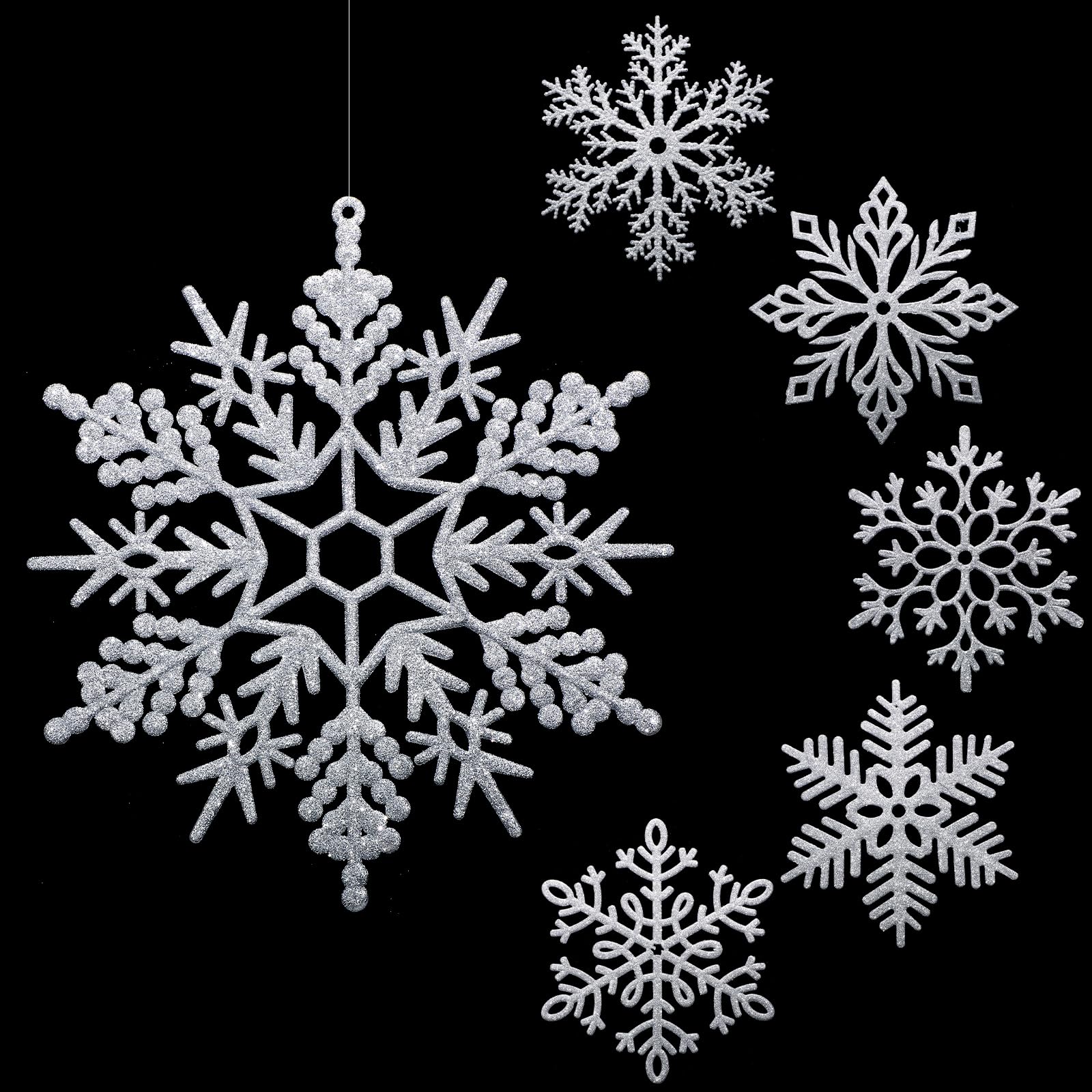 Lot de 24 flocons de neige géants à paillettes en plastique avec fil en nylon de 50 m pour décoration de Noel intérieure et extérieure Argenté 30,5 cm