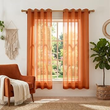 KOUFALL Grommet Burnt Orange Sheer Curtains 72 Inch Length 2 Panels Bohemian Boho Decor Rust Faux Linen Semi Sheer Curtains for Bathroom Dining Room Bedroom Nursery 52x72 Long